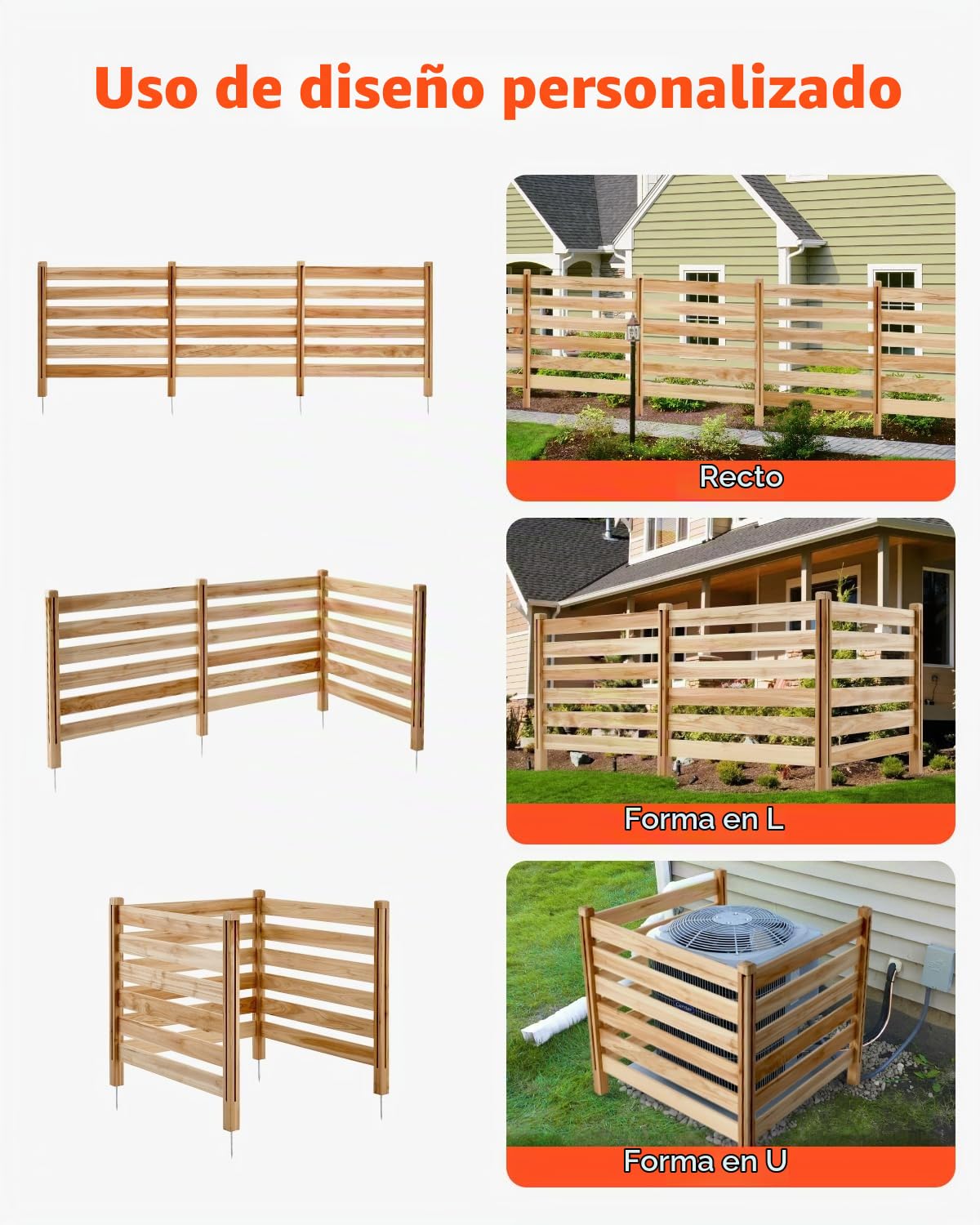 VEVOR Valla de Madera 914 x 914 mm, Valla de Listones de 3 Paneles, Cerramiento con Estacas de Metal, Valla de madera para Exteriores para Decoración de Jardín, Aire Acondicionado, Equipo de Piscina