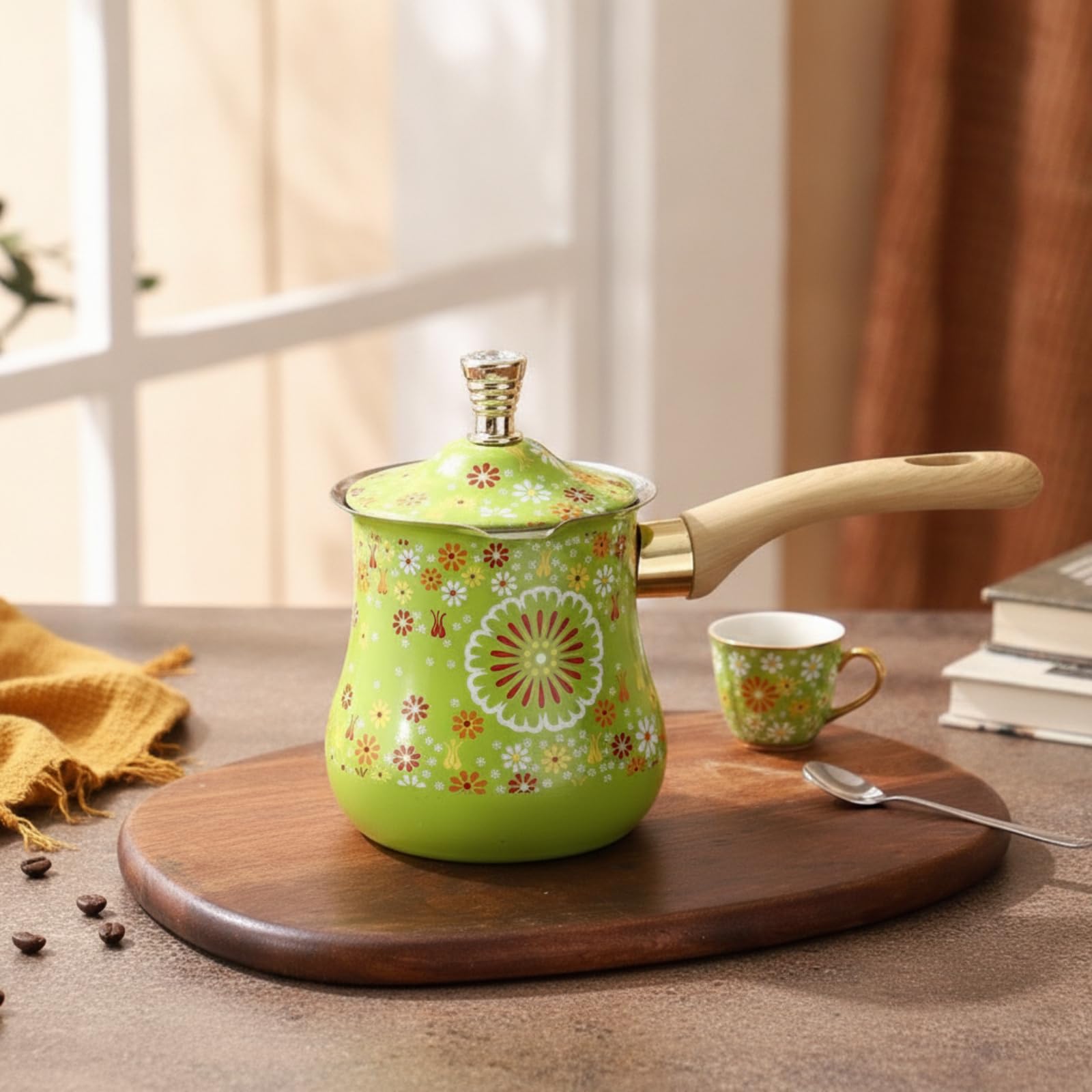 Sharplace Türkischer Kaffeekocher Kaffeekanne Saucentopf aus Edelstahl mit Holzgriff Und Ausgusstülle Glänzende Beschichtung Dekorativer Deckelknauf für Kochen Büro Zuhause, 720ML, Pattern 10