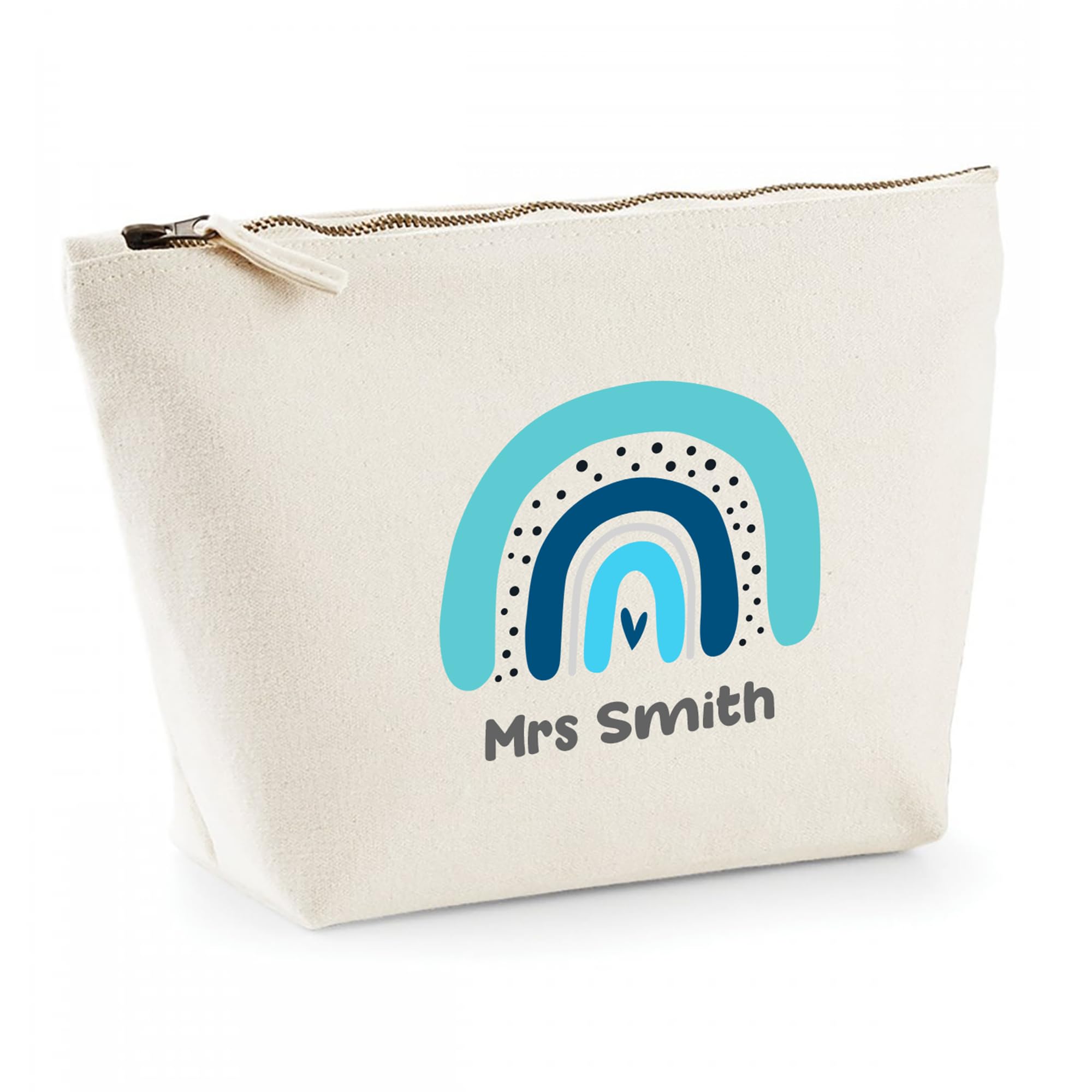 Personalised Teacher Gift - Custom Name Pencil Case with Blue Rainbow Design - Canvas Zip Pouch for End of Term Thank You Present - Nursery, SEN or School Staff Accessory Bag — image 1