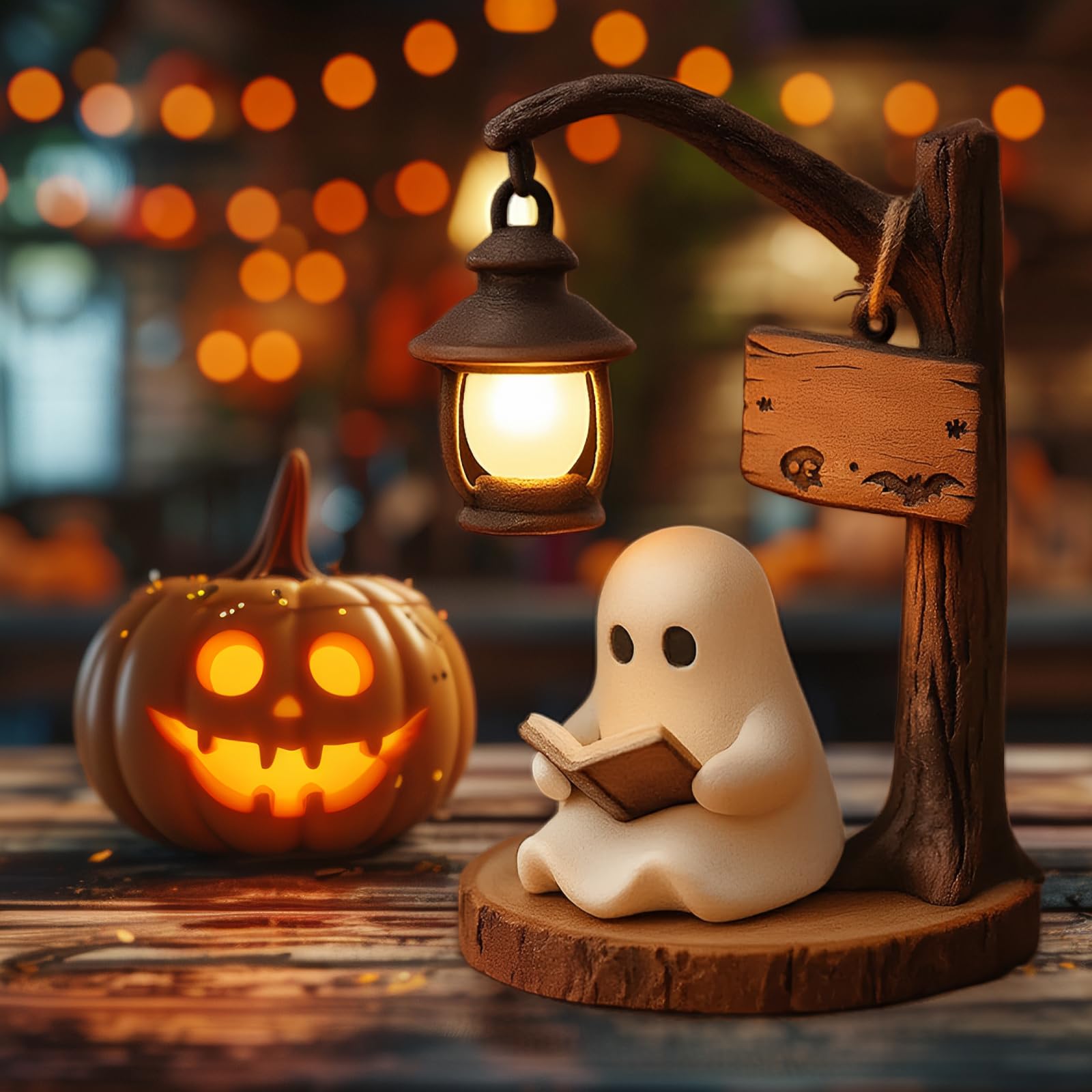 Gonggi Cute Ghost Reading Lantern, 3D Resin Halloween Ghosts Night Light with Warm Glow, Halloween Ghost Decorations for Bedroom Living Room