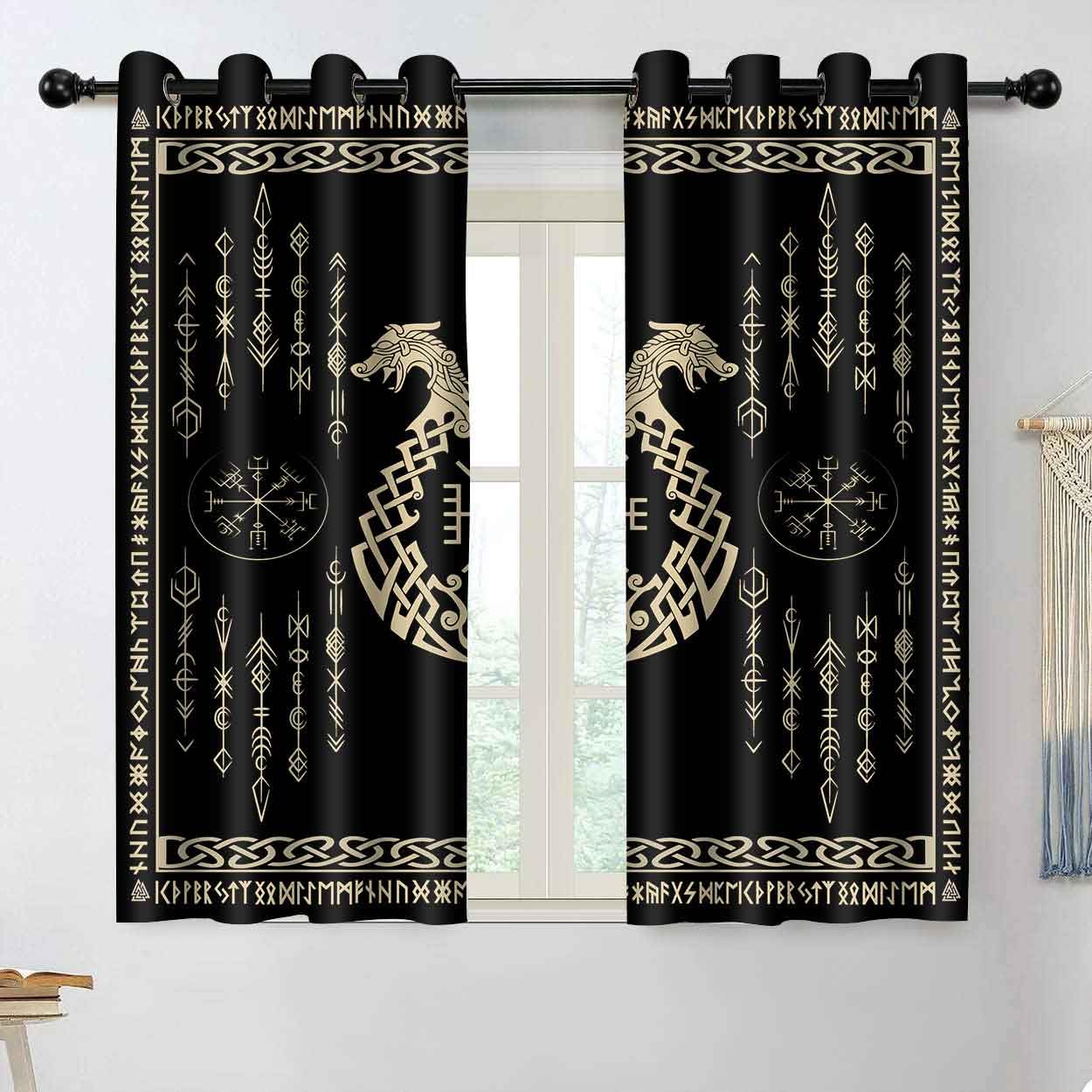 Lot de 2 rideaux occultants à isolation thermique avec imprimé nordique Vikings et symboles Vegvsir pour salon, chambre à coucher, 132,1 x 160 cm, CLZYSP545