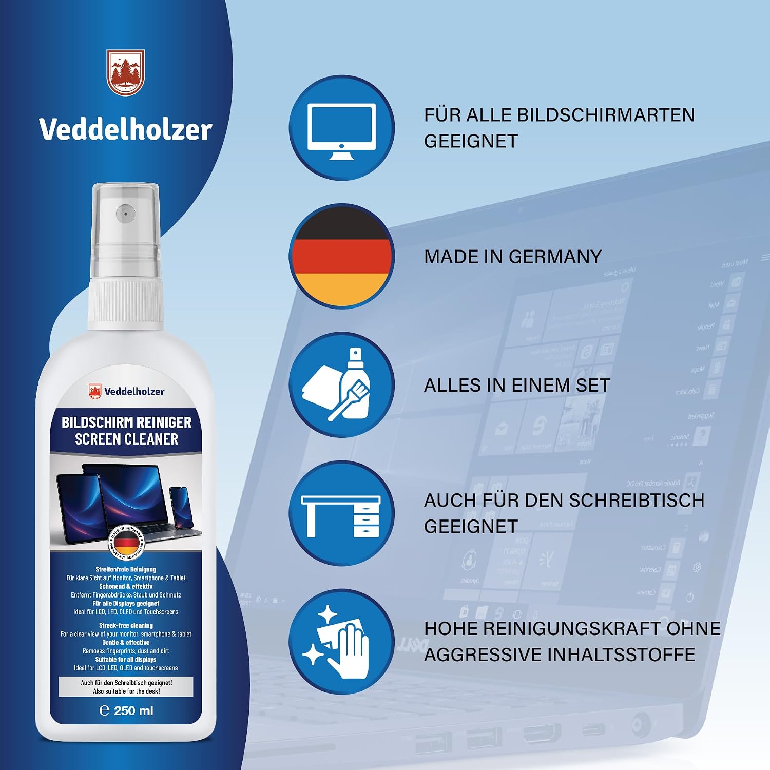 Veddelholzer Zestaw do czyszczenia ekranu 250 ml – Środek do czyszczenia ekranów z ściereczką z mikrofibry i pędzelkiem do klawiatury – Do laptopa, monitora, telewizora, smartfona, wyświetlacza