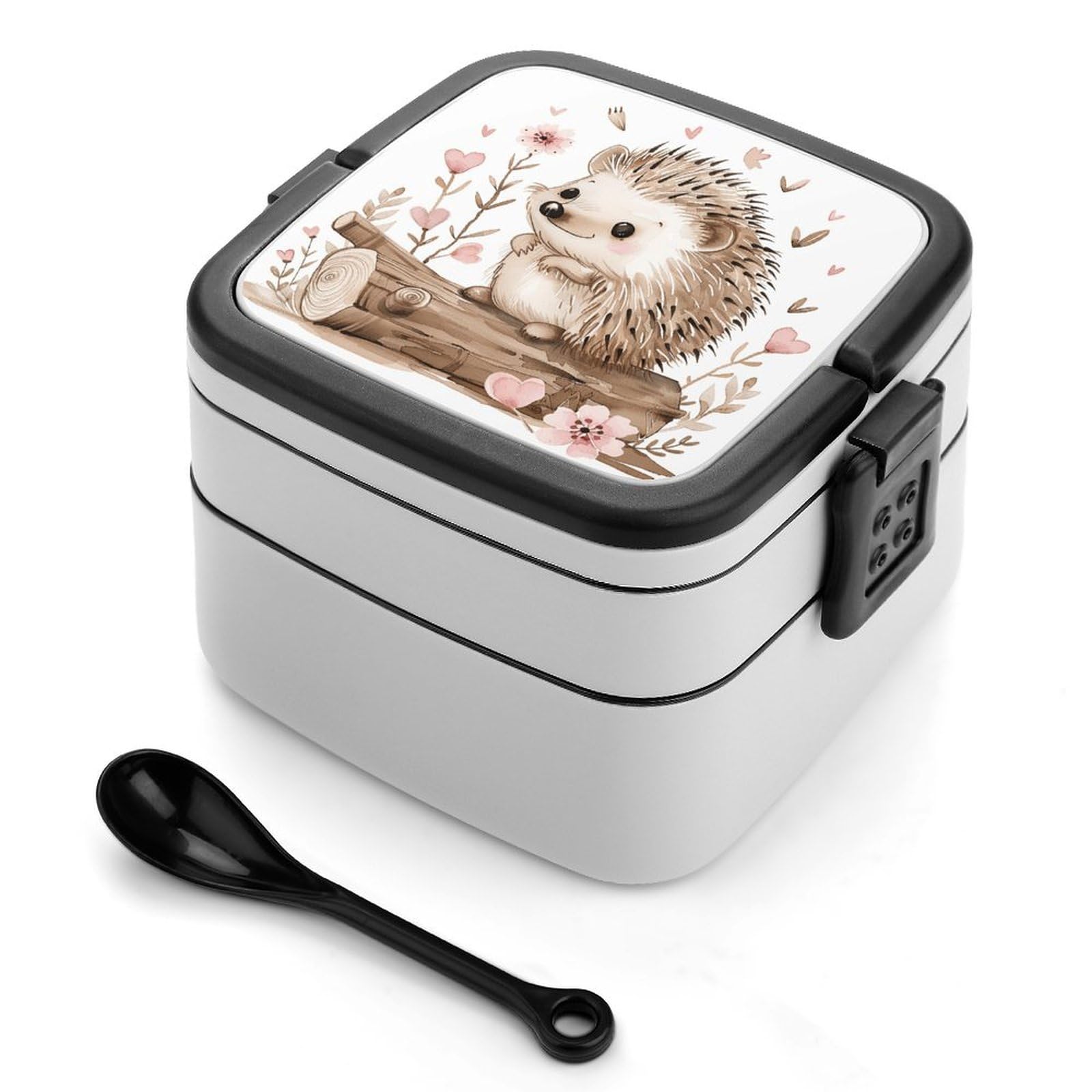 JTREHY Reusable Leakproof Bento Box,Hedgehog Sitting on Top Printed 2 Layer Stackable Lunch Box with Spoon Portable Large Lunch Box for Dining Out, Work, Picnic, Travel