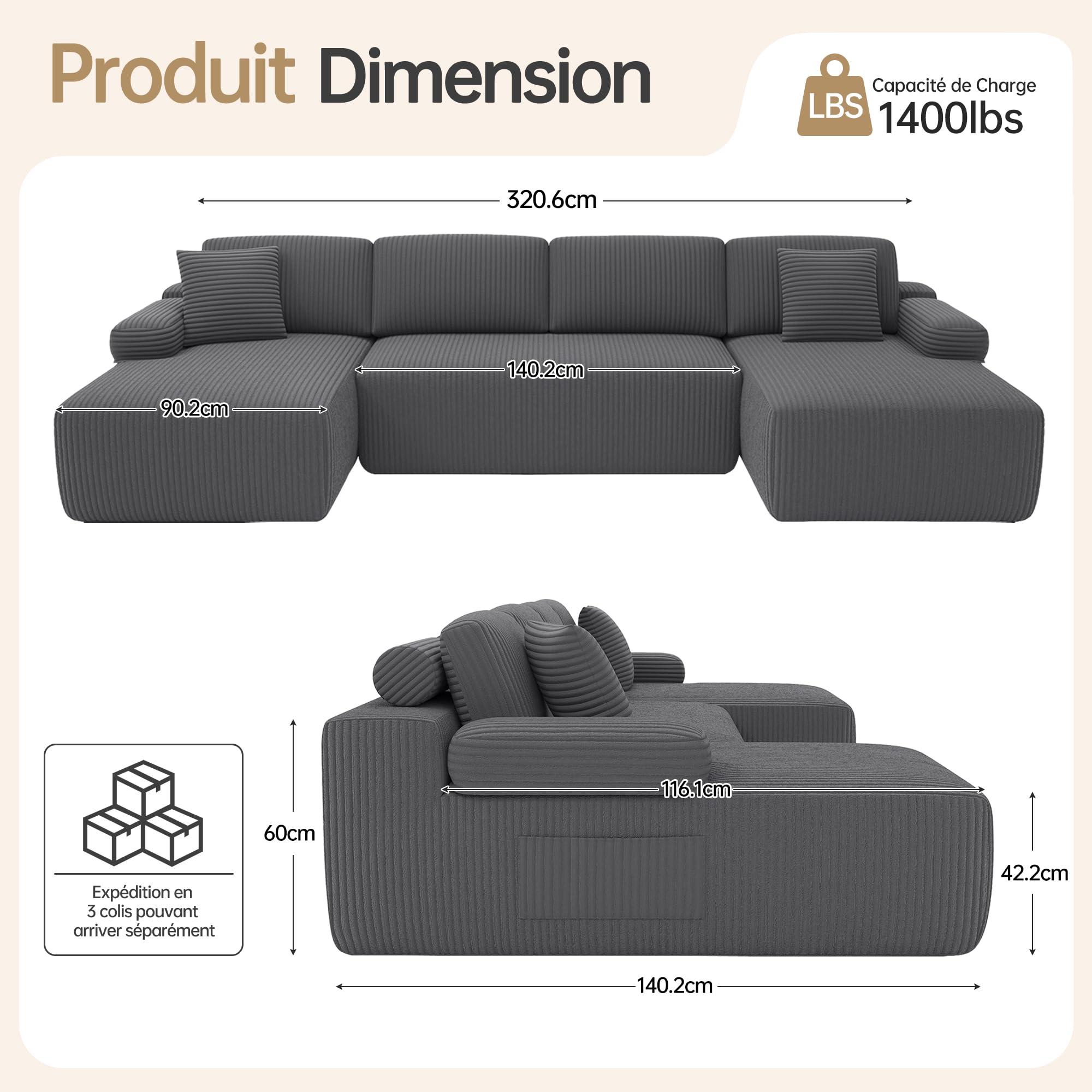DURASPACE Canapé U 320cm 6pl Velours côtelé Mousse mémoire Gris