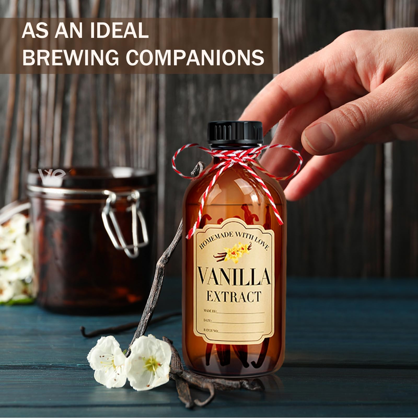 16 botellas de vidrio ámbar de 8 onzas, botellas redondas Boston para extracto de vainilla casera, botellas de extracto de vainilla marrón con tapas para jarabe de regalo, recipiente de almacenamiento