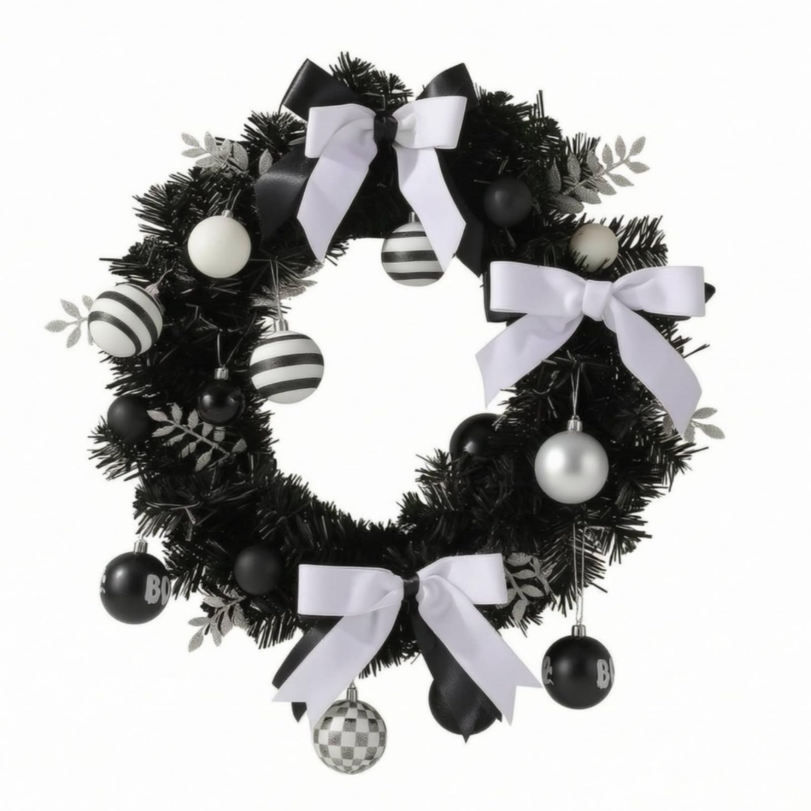 Festlicher Türkranz Weihnachtskranz Dekokranz Adventskranz mit Kugeln aus Und Stoff Schwarze Tanne mit Weißem Kontrast Und Schleifenband für Vordertür Wohnzimmer 50cm