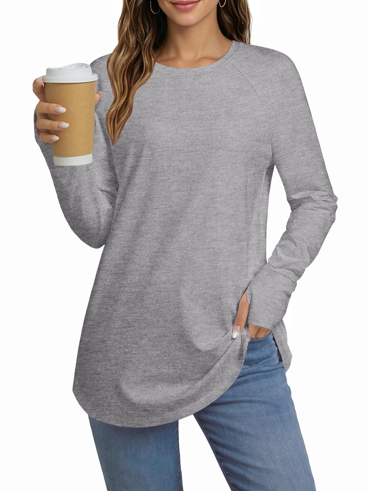 GKBK Women Cotton Tunic Top with Thumb Holes Long Sleeve Loose Fit Shirts
