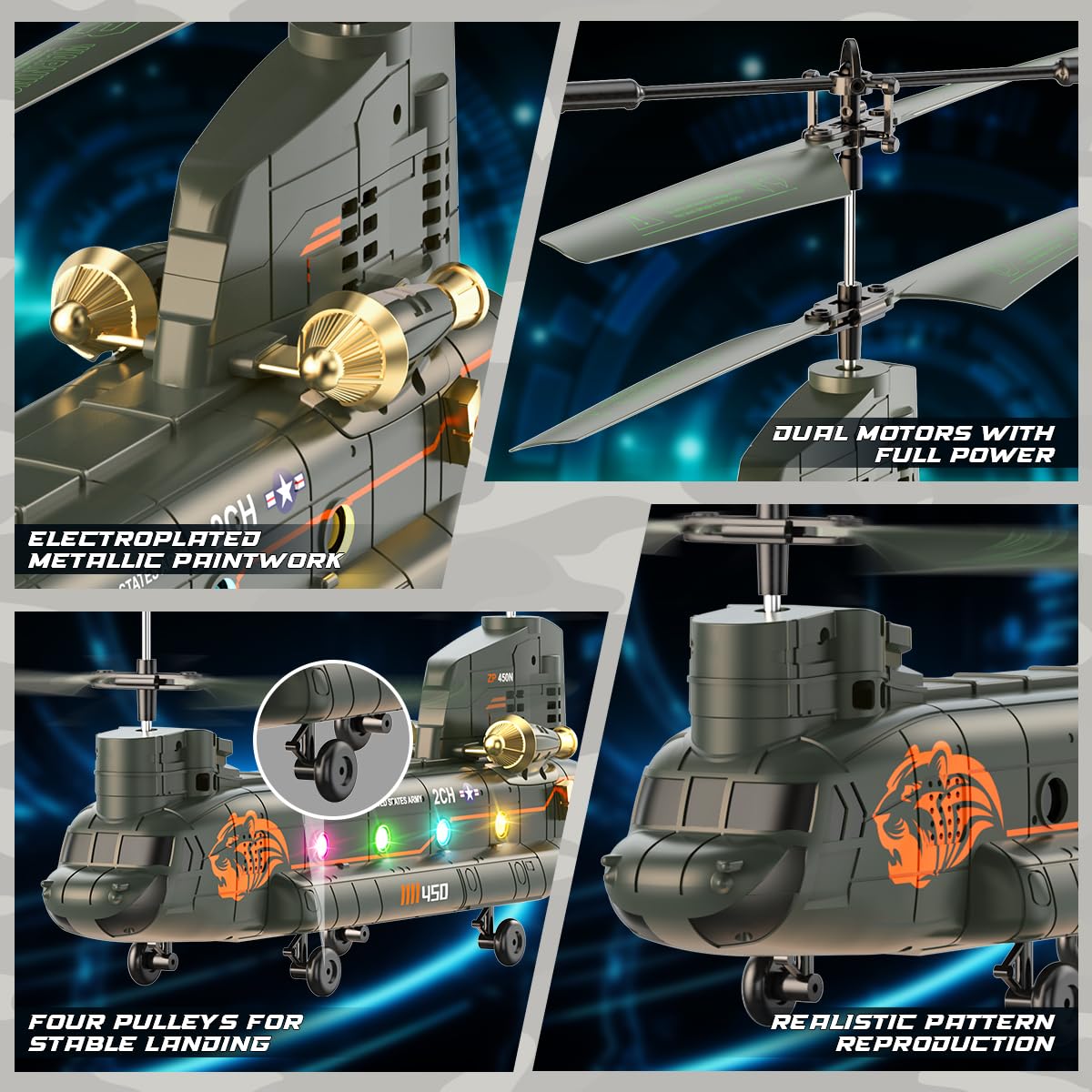 VATOS Ferngesteuerte Helikopter mit 2 Akkus, 2.4GHz Transport Hubschrauber Ferngesteuert mit Höhenhaltung, EIN-Tasten-Start/Landung, LED Licht, RC Helikopter Spielzeug für Kinder und Militär Fans