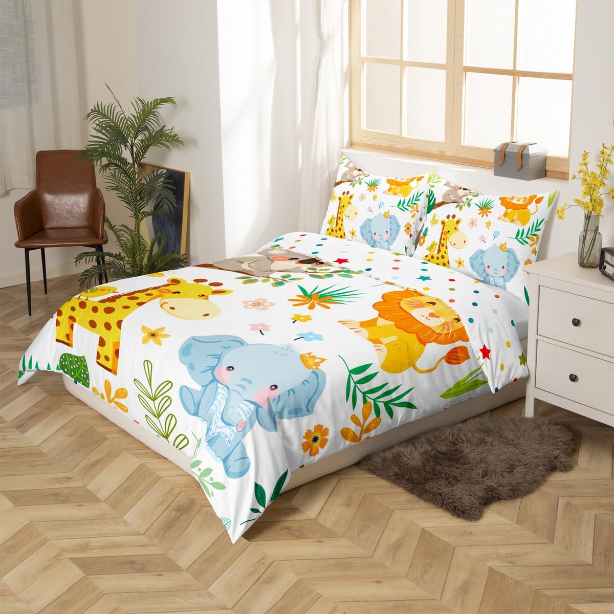 jejeloiu Kids Zoo Animal Comforter Cover Set Toddler Size Koala Lion Giraffe Elephant Bedding Set for Boys Girls Cute Wild Animals Duvet Cover Bedspread Cover Quilt Cover,No Stuffing