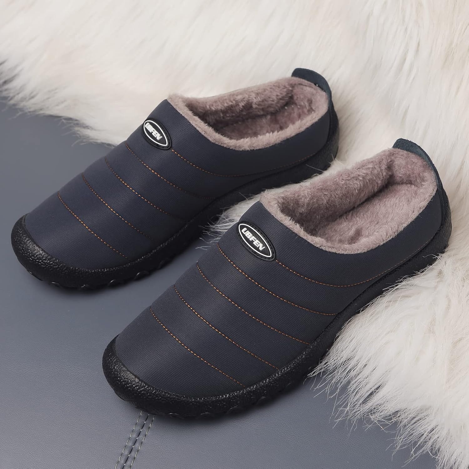 UBFEN Mens Womens Winter Warm Slippers with Fuzzy Plush Lining Slip on House Shoes Indoor Outdoor Anti-Skid Rubber Sole - Image 4