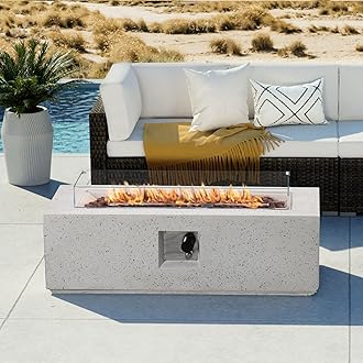 COSIEST Outdoor Propane Fire Pit Coffee Table, 42-inch x 13-inch Terrazzo Rectangle Base Patio Heater w Certified, 50,000 BTU Stainless Steel Burner, Wind Guard, Free Lava Rocks and Rain Cover