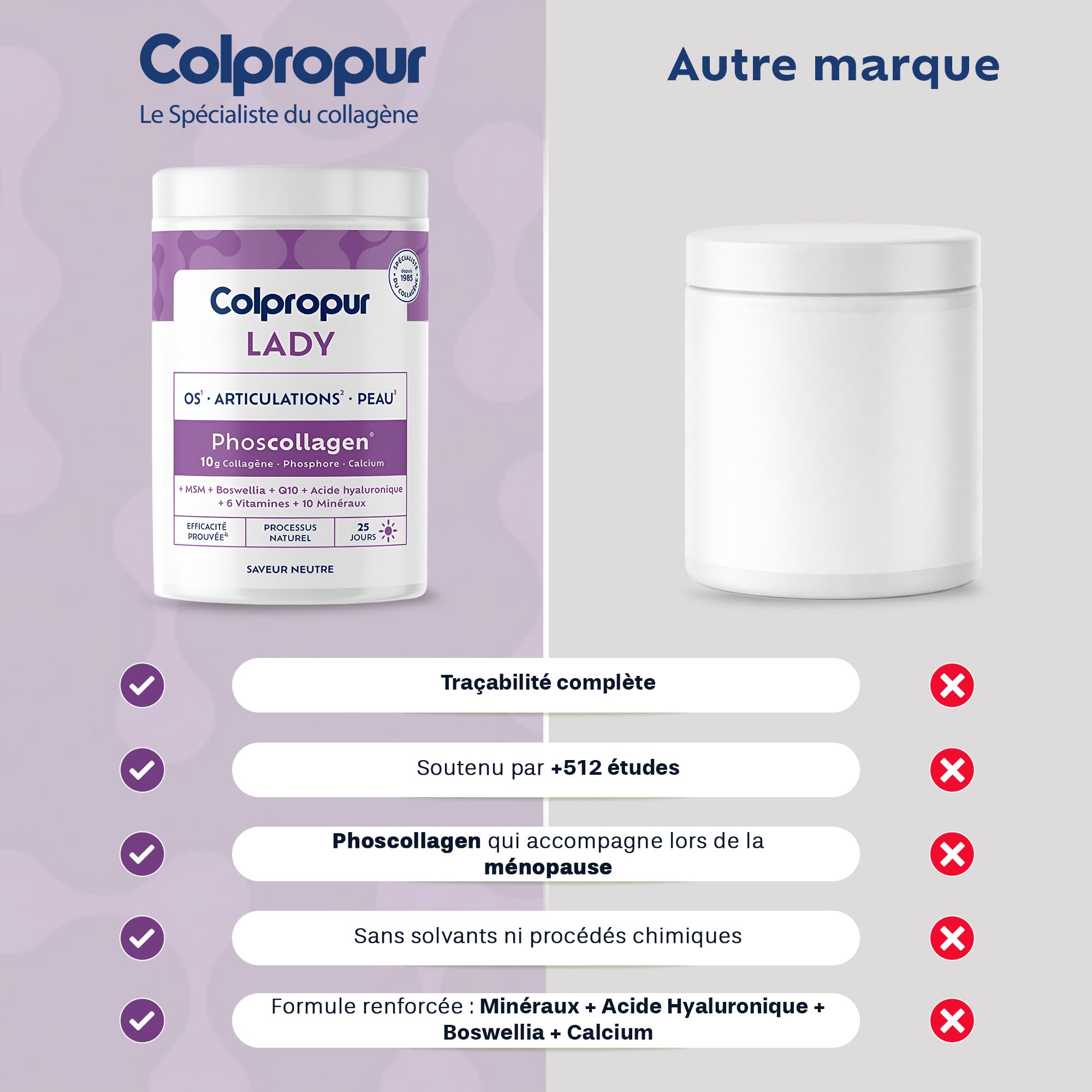 COLLAGENE Poudre Ménopause | 17 Actifs | Peau Os Articulations |sans sucre | Colpropur Lady | Complexe Phoscollagène Exclusif | Saveur Neutre | 25 doses | Anti-âge | sans OGM, sans allergènes