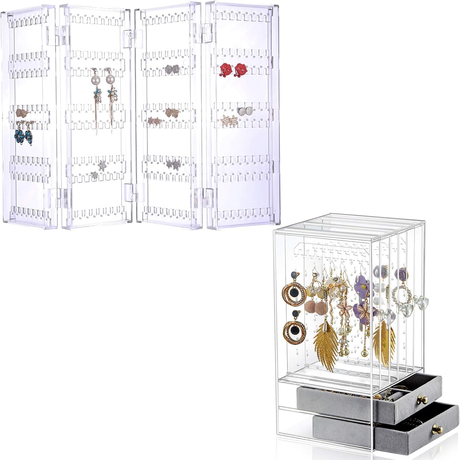 Sooyee 4 Doors Foldable Necklace Hanging Jewelry Organizer Double Sided Stand Display & 5 Drawers,Dustproof Jewelry Rack Display, Clear