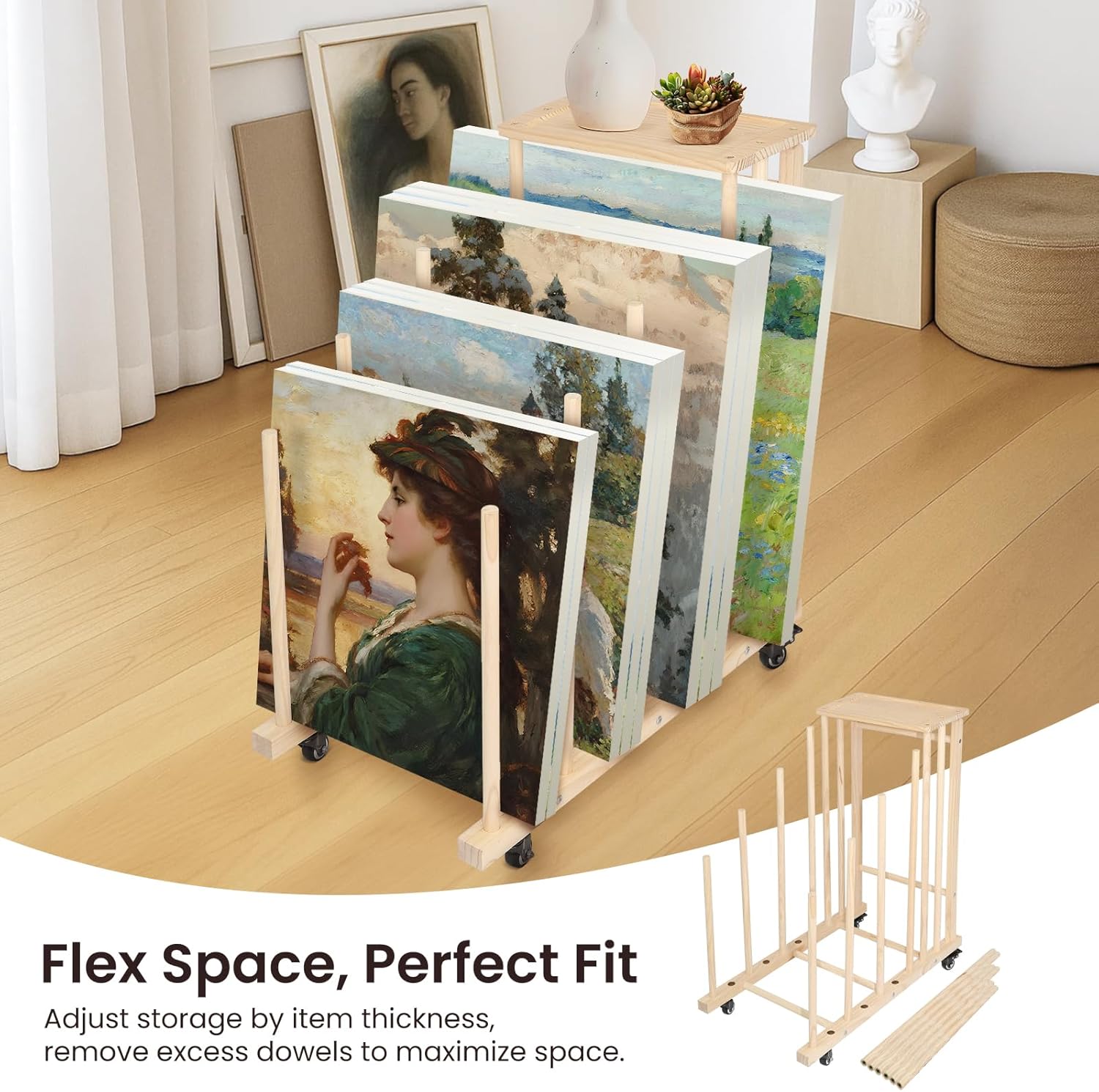 Large Art Storage Rack with Caster Wheels and Trays|Heavy Duty Wood Art Drying Rack for Canvas, Drawing Boards, Printed Matter , 30x30x8 Inch