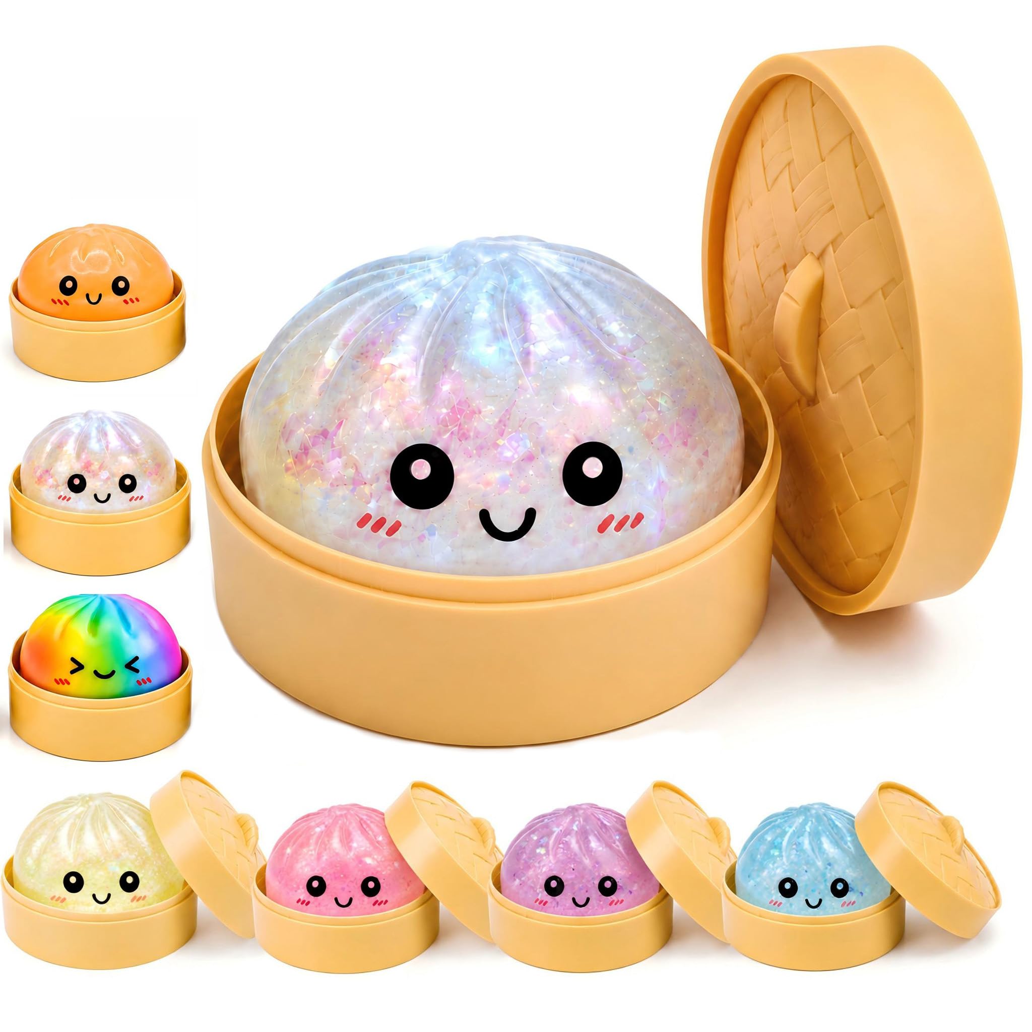Photo 1 of ***LEAKING*** Binkahui Mystery Sparkly White Dumpling Squishies with Steamer Box, Soft Stretchy Bao Bun Stress Relief Balls, Sensory Fidget Squeeze Toys for Anxiety Relief, Decompression Desk Toys
