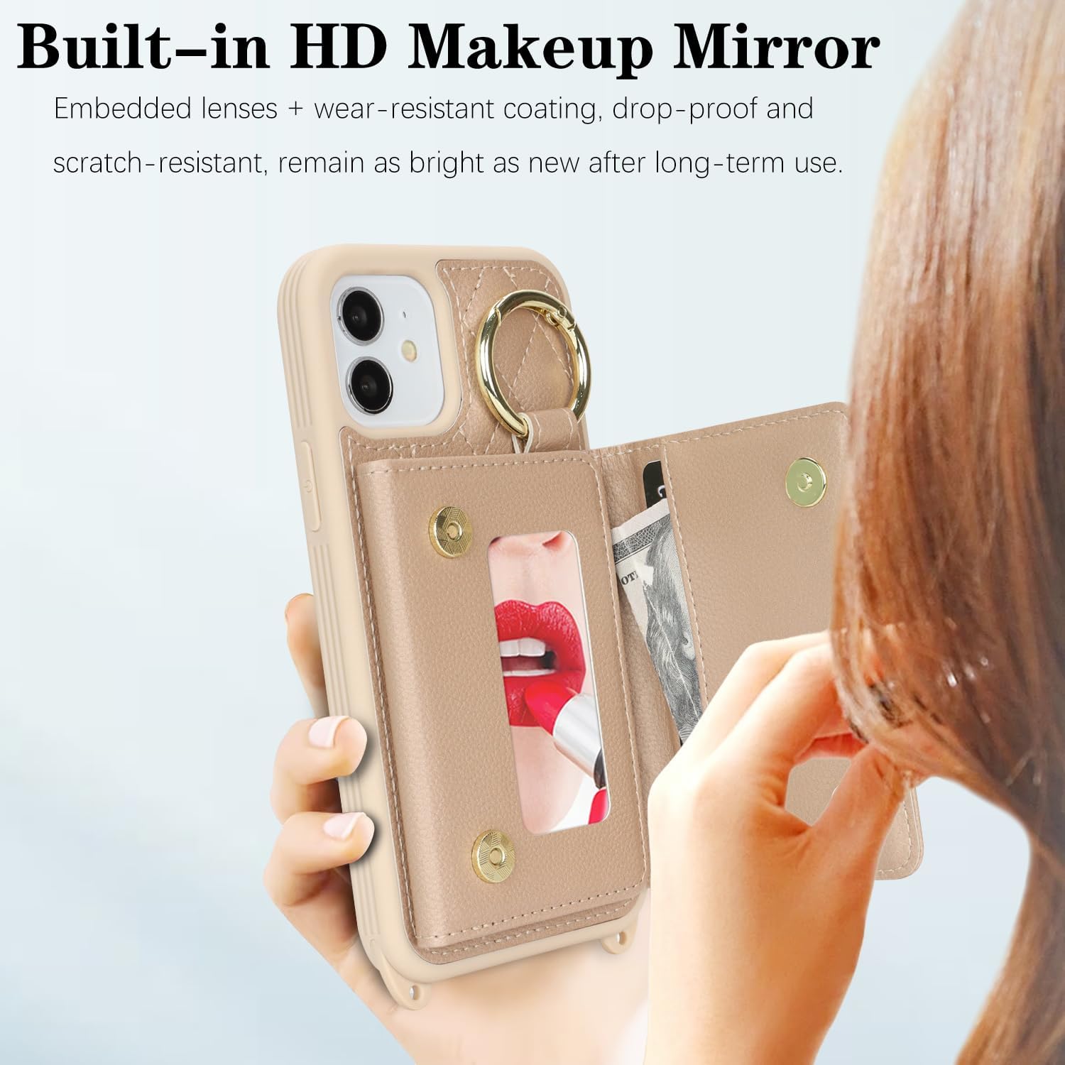 for iPhone 12 Case with Card Holder and Strap for Women,Crossbody Lanyard, Make Up Mirror,Ring Stand,Snap Clasp,Cute Phone Wallet Cases 6.1 inch - Off-White
