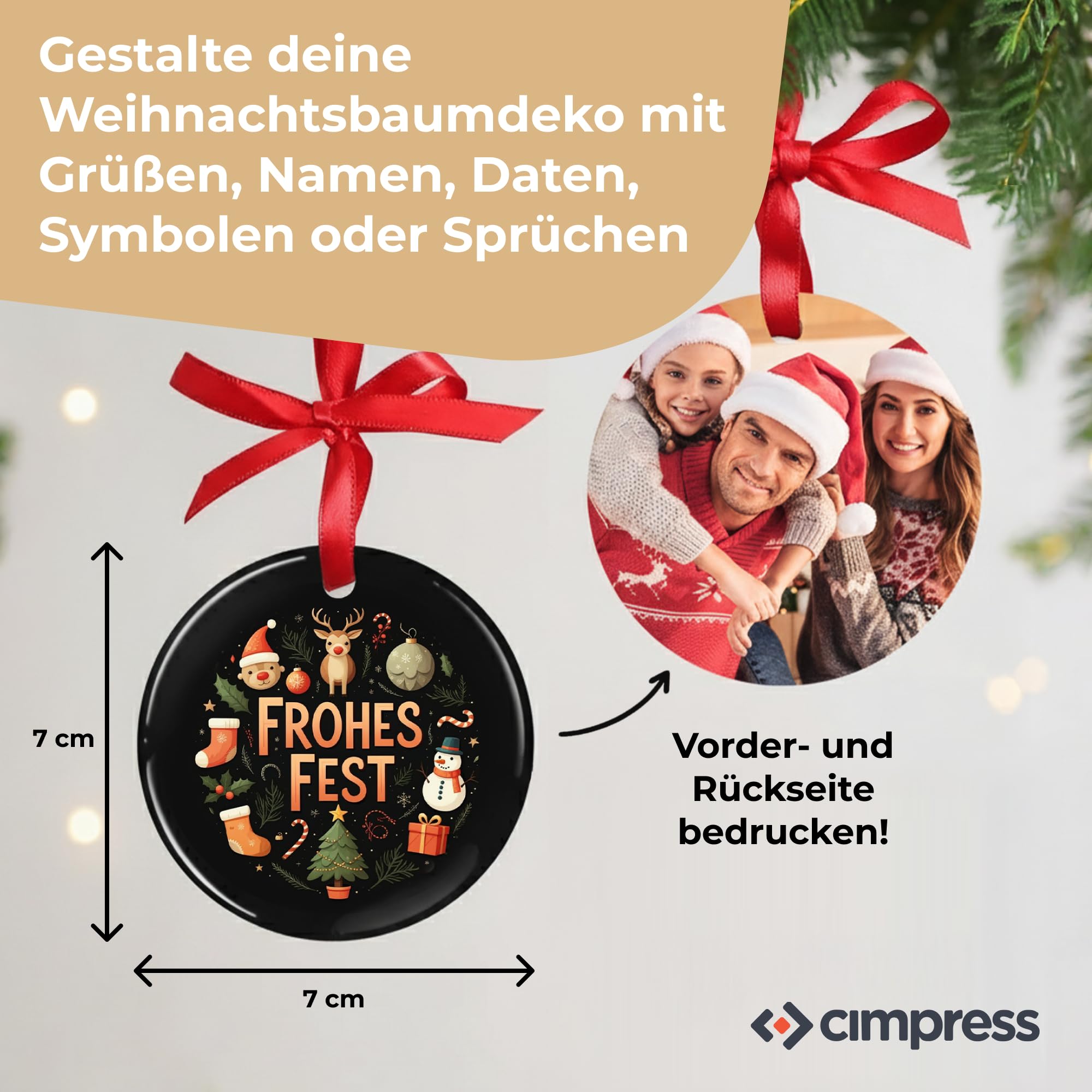 Cimpress personalisierter Weihnachtsschmuck Rund 7x7 cm, 6 Stück, Metall, Foto & Text, individuelle Weihnachtsbaumdeko, Weihnachtsanhänger, Geschenkidee Familie, Baby’s erstes Weihnachten