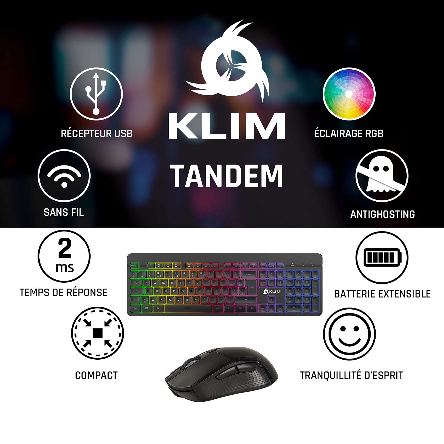 KLIM Tandem - Kit Teclado y Ratón Inalámbrico FRENCH LAYOUT + Teclado y ratón gaming Ligero, Duradero, Ergonómico + Batería de larga duración + Retroiluminado para PC Mac PS4 Xbox One + Nuevo 2023