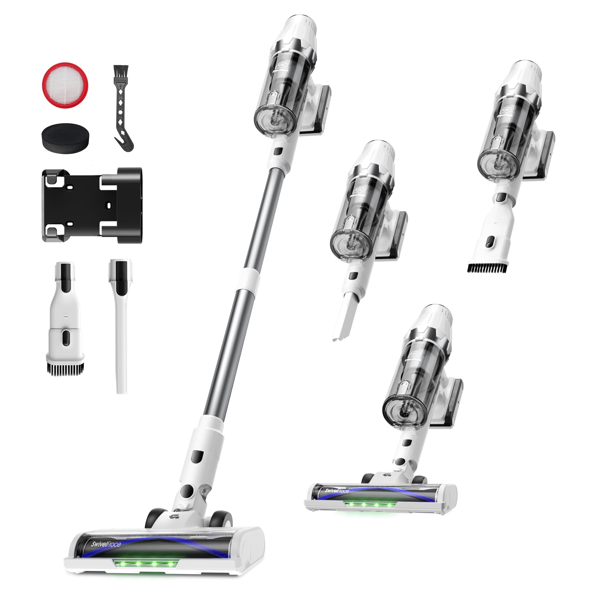 ElecKeys Akku Staubsauger 48000Pa/580W/65Min, Staubsauger Kabellos mit LED Display, Anti-Tangle-Bürste, Selbststehend, 7-Schicht-Filtration, Akkustaubsauger für Hartböden Teppiche Tierhaare, Weiß