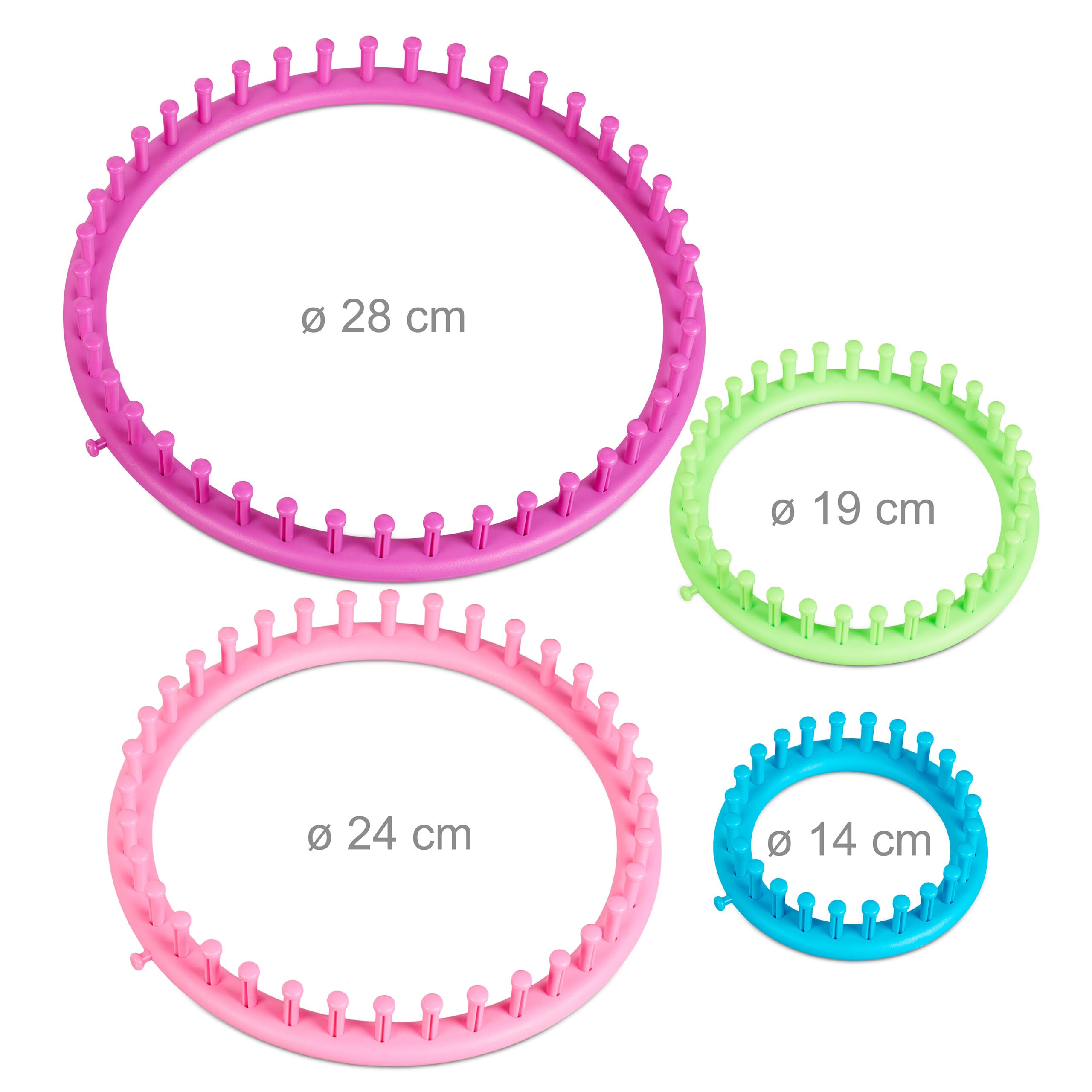 Relaxdays Set Accessori per Lavorare a Maglia, Set 4 Telai Circolari, Ø 28cm, 24cm, 19cm, 14cm, Pom Pom Maker, Colorato