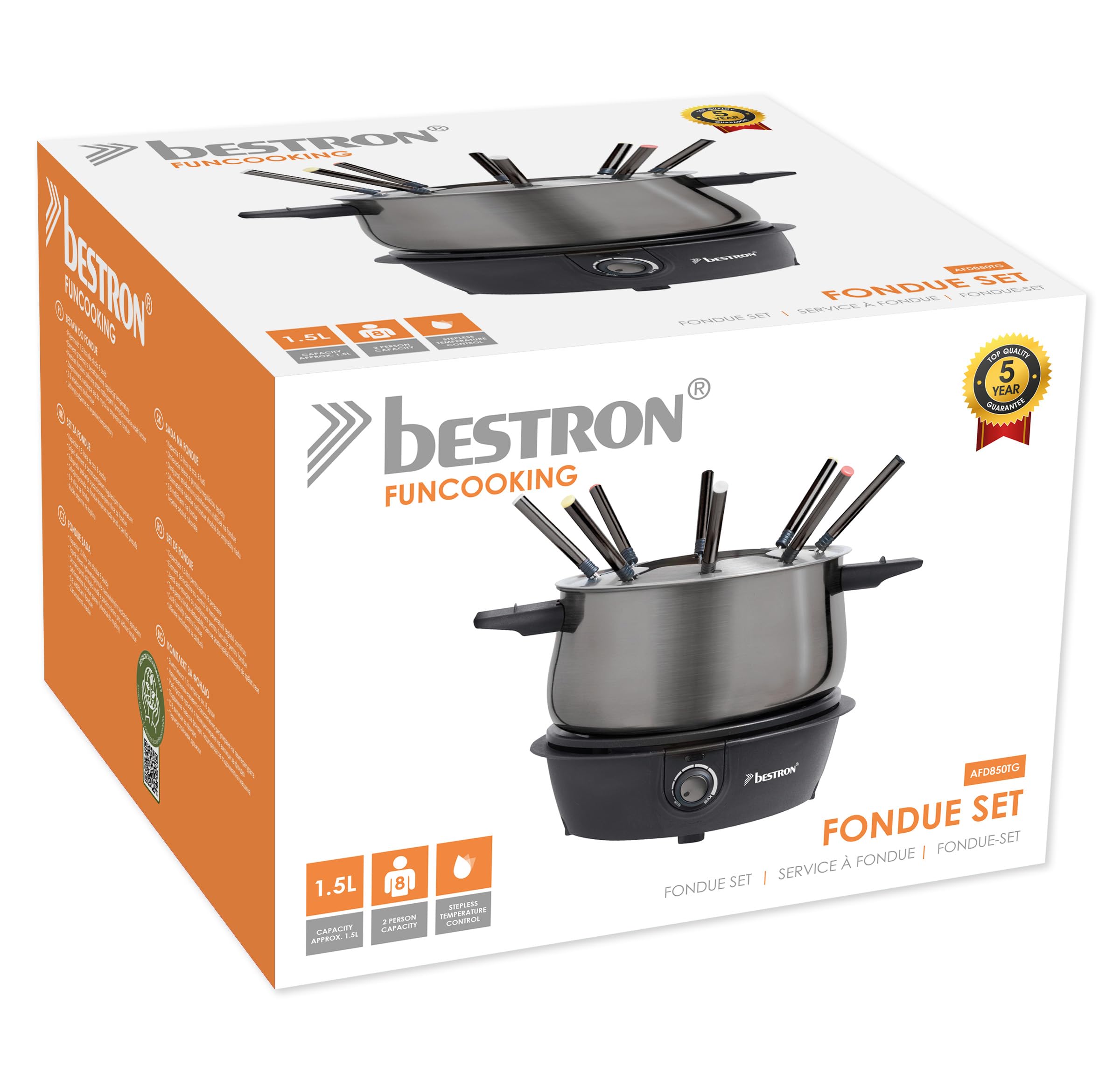 Bestron Fondue, Fondue electrica para hasta 8 personas, con 8 tenedores de fondue y termostato continuo, incl. protector contra salpicaduras, color: Gris