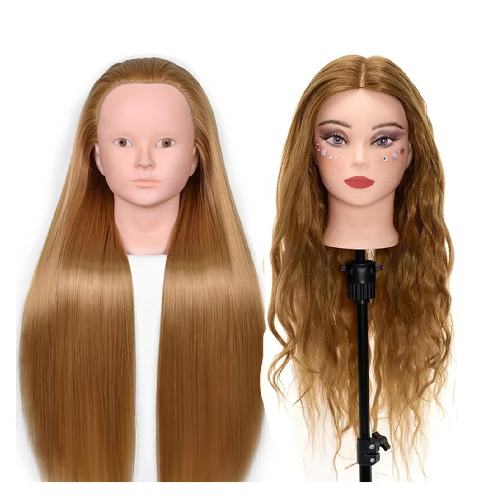 Schönheits-Mannequin-Übungspuppenkopf | Mit Tischständer und Haarstyling-Set 24 Zoll synthetisches Make-up(Golden)