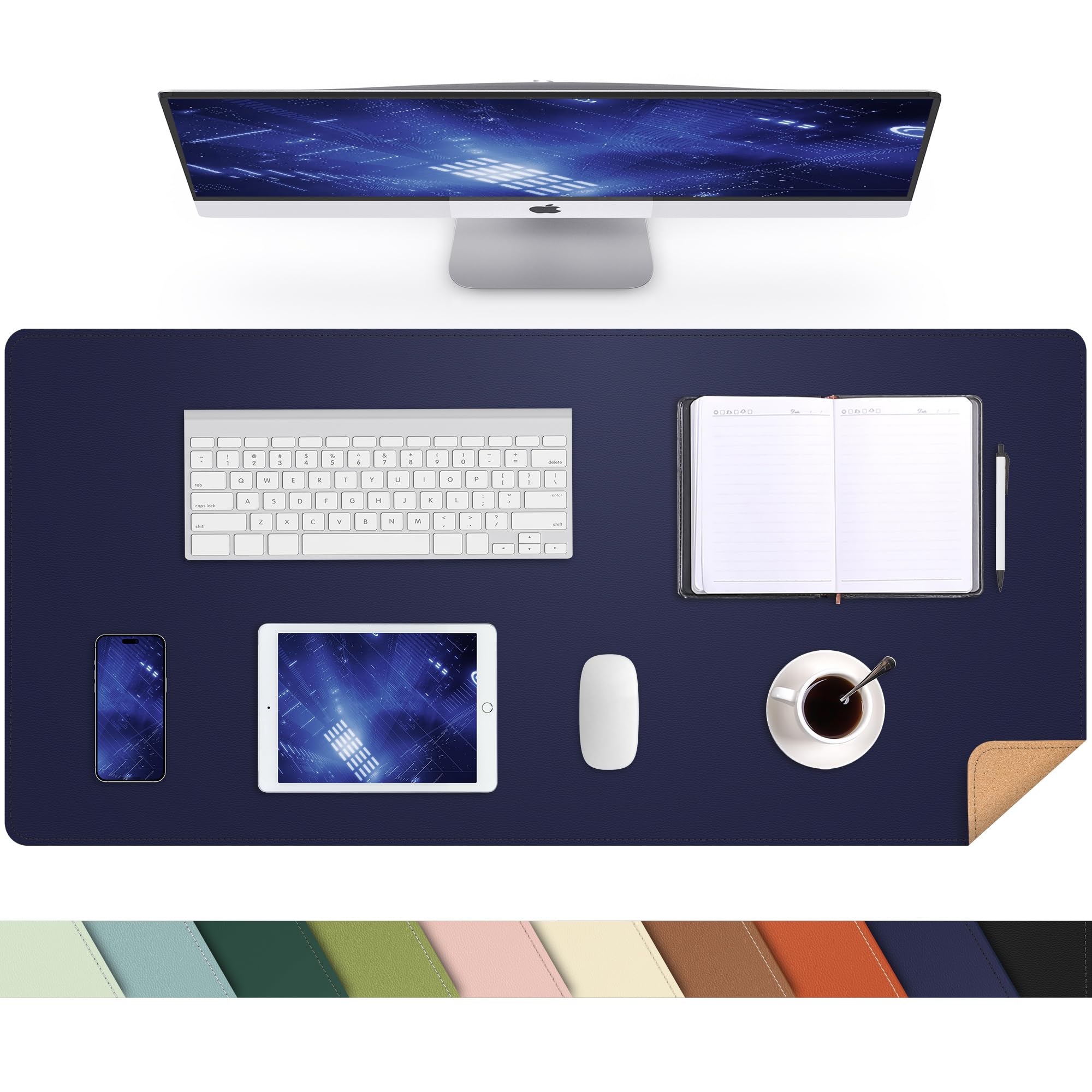 Leather Desk pad Protector, Large Desk mat with Natural Cork & PU Leather,Mouse pad,Non-Slip Office Desk Mat,Waterproof Desk Writing Pad for Office