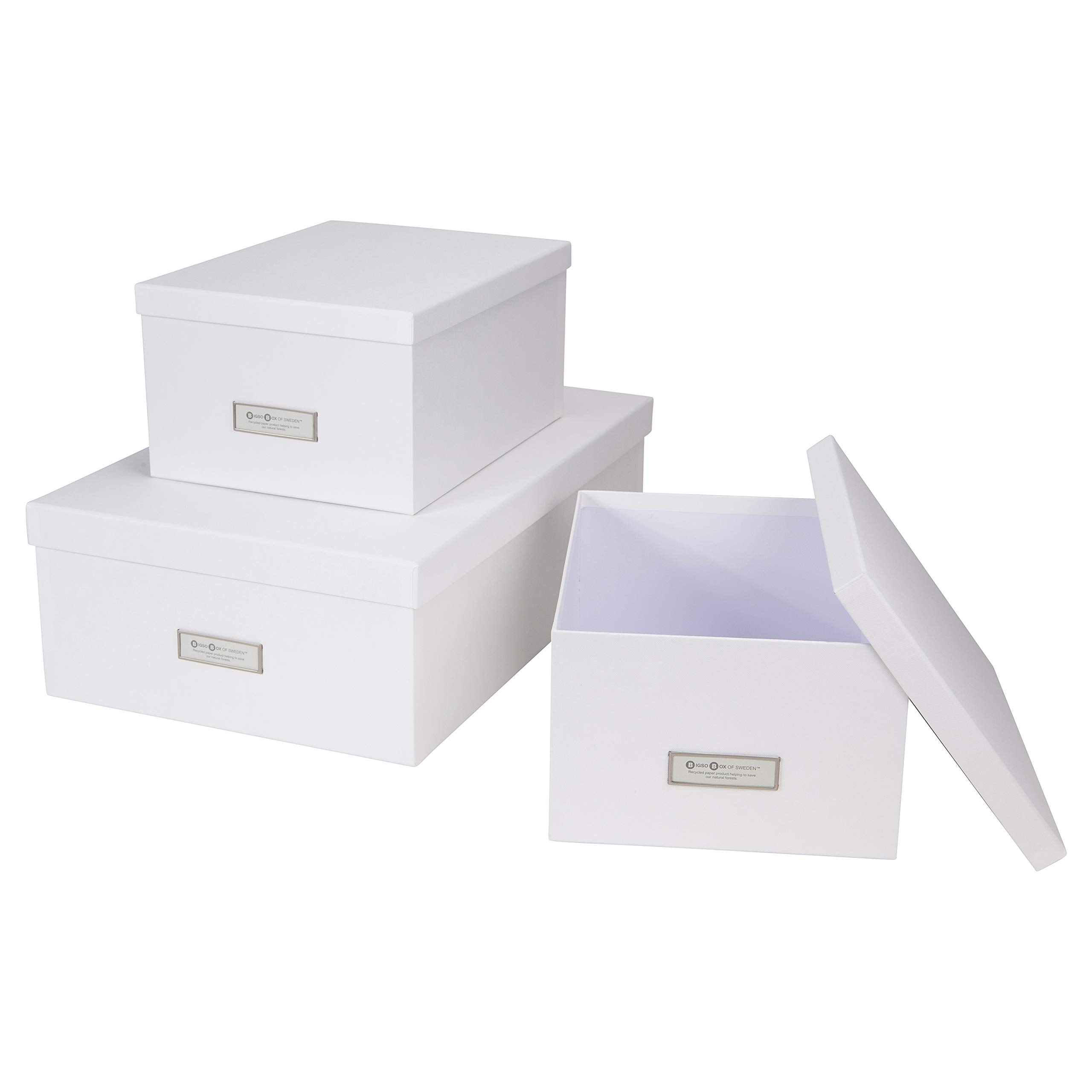 BIGSO BOX OF SWEDEN Zestaw 3 pudełek do przechowywania do sypialni, pokoju dziecięcego, biura lub łazienki – pudełka z pokrywką – pudełka do przechowywania z płyty pilśniowej i papieru – białe