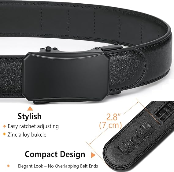 LionVII Men's Ratchet Belt - Genuine Leather Belt for Dress and Casual with Automatic Buckle, Adjustable Trim to Fit 29-49(35mm Wide)
