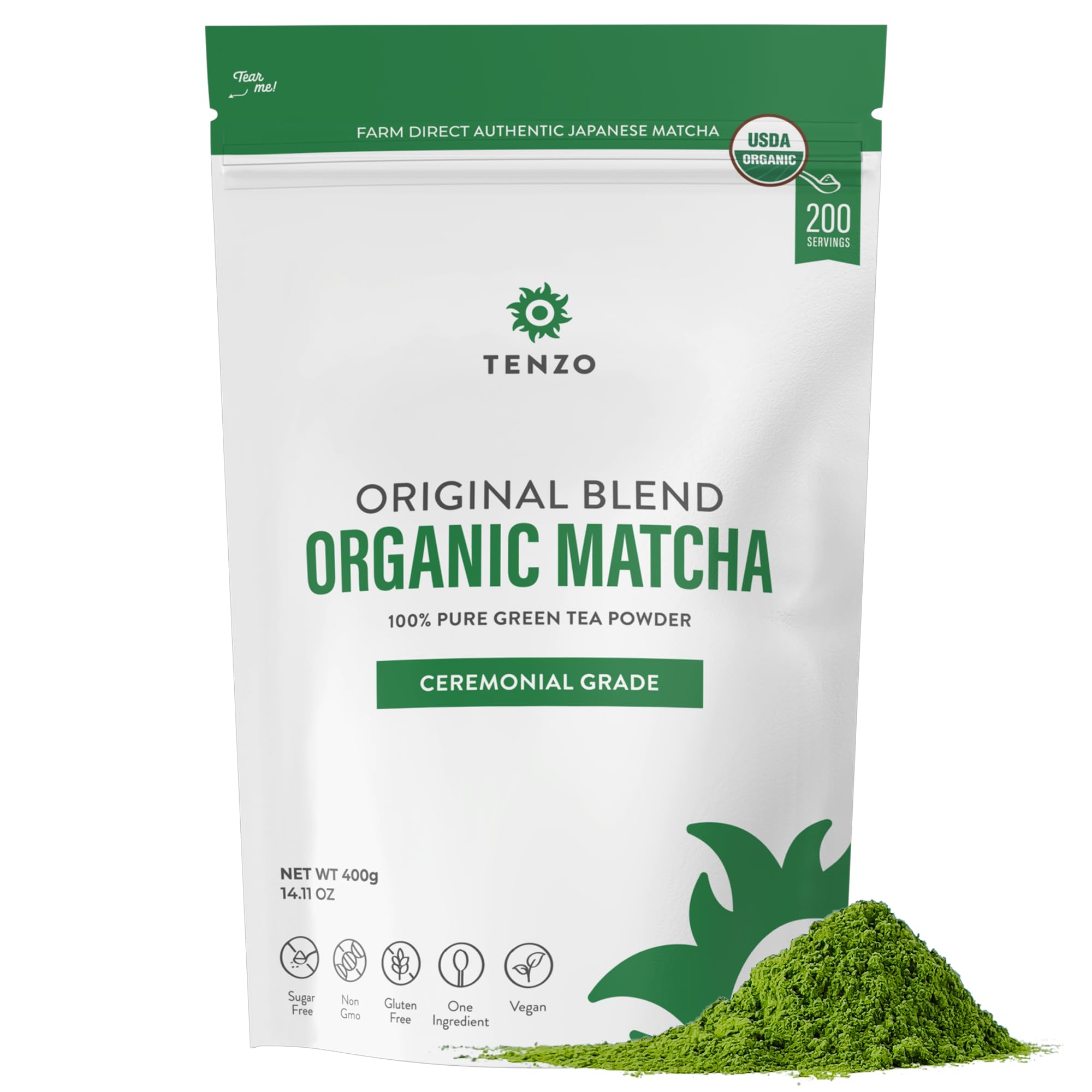 Tenzo Matcha Green Tea Powder - USDA Organic Ceremonial Grade - Paleo, Kosher, Vegan - Authentic Japanese Matcha Tea - Original Latte Powder (14.11 Ounce)