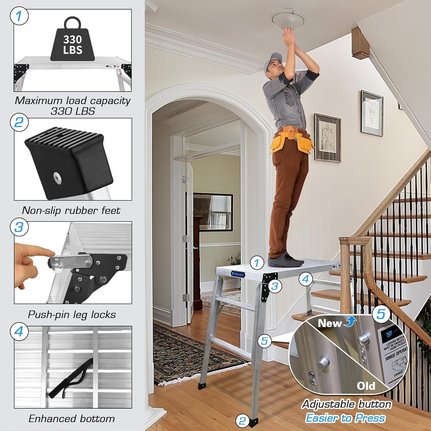 ORIENTOOLS Plataforma de trabajo ajustable (100 x 47 cm) Escalera plegable portátil de aluminio para andamios con capacidad de carga de 150 kg