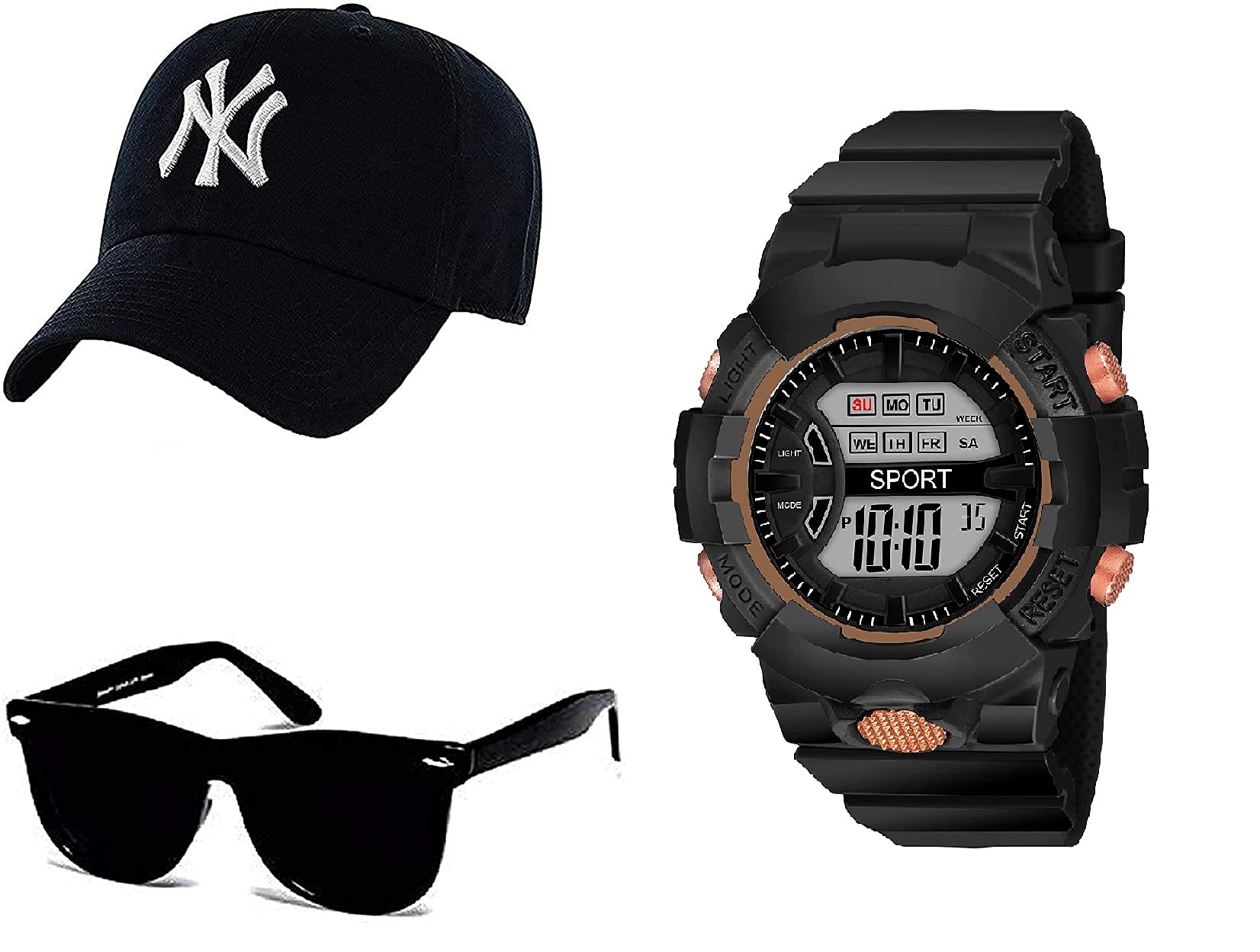 SELLORIA Black Digital Watch with Black Sunglass with Black Baseball Cap (B094413S2P) Amazon Price History, Amazon Price Tracker