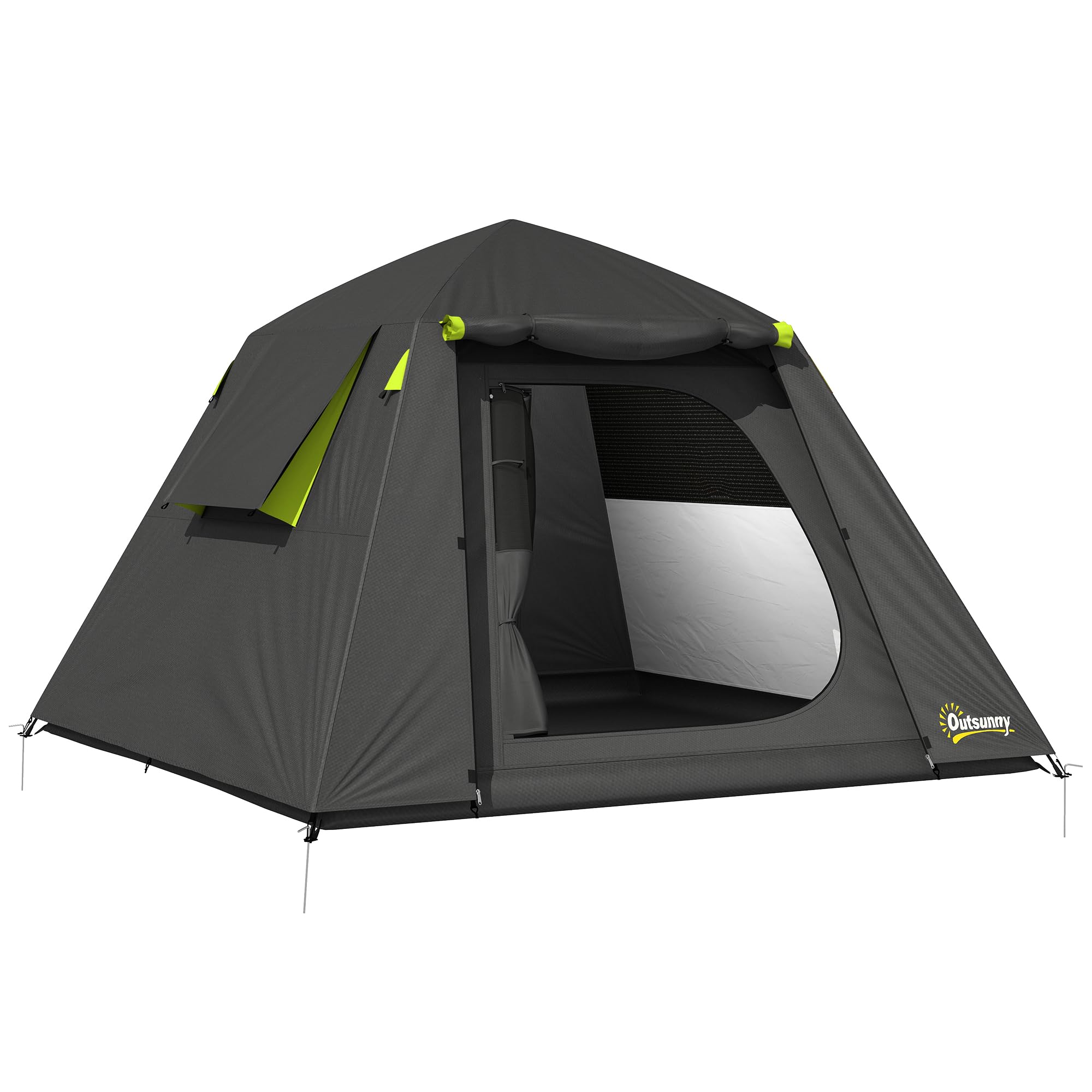 Outsunny Camping Tent, 2 Man Dome Tent with 2 Doors and 2 Windows, 3000mm Waterproof, with Sewn-in Groundsheet, Carry Bag and Top Hook for Fishing Hiking Festival, Grey & Green