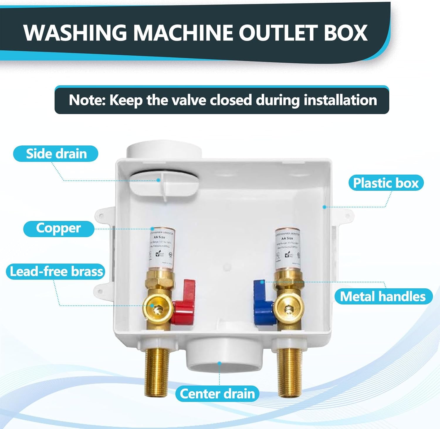 Washing Machine Outlet Box, Center Drain/Side Drain, 1/2 Inch MIP Sweat Inlet x 3/4 Inch MHT Outlet Connection, Laundry Washer Valve Outlet Box, with Copper Water Hammer Arrestor(WM011)