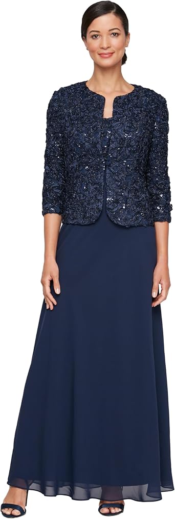 Alex Evenings Womens Long Empire Waist, Two Piece Mother of The Bride Dress with Lace Jacket Petite and Regular Sizes