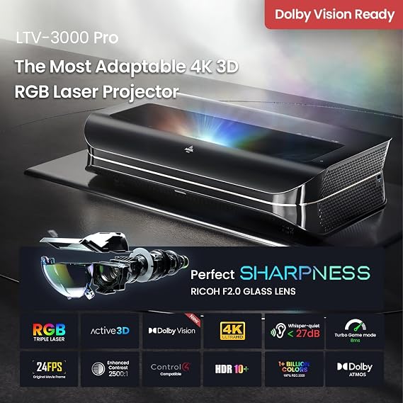 AWOL VISION LTV-3000Pro with 120 Motorized ALR Floor Rising Screen Bundle, Dolby Vision & Atmos, HDR10+, UST Laser TV Home Theater Projector with 120'' Station