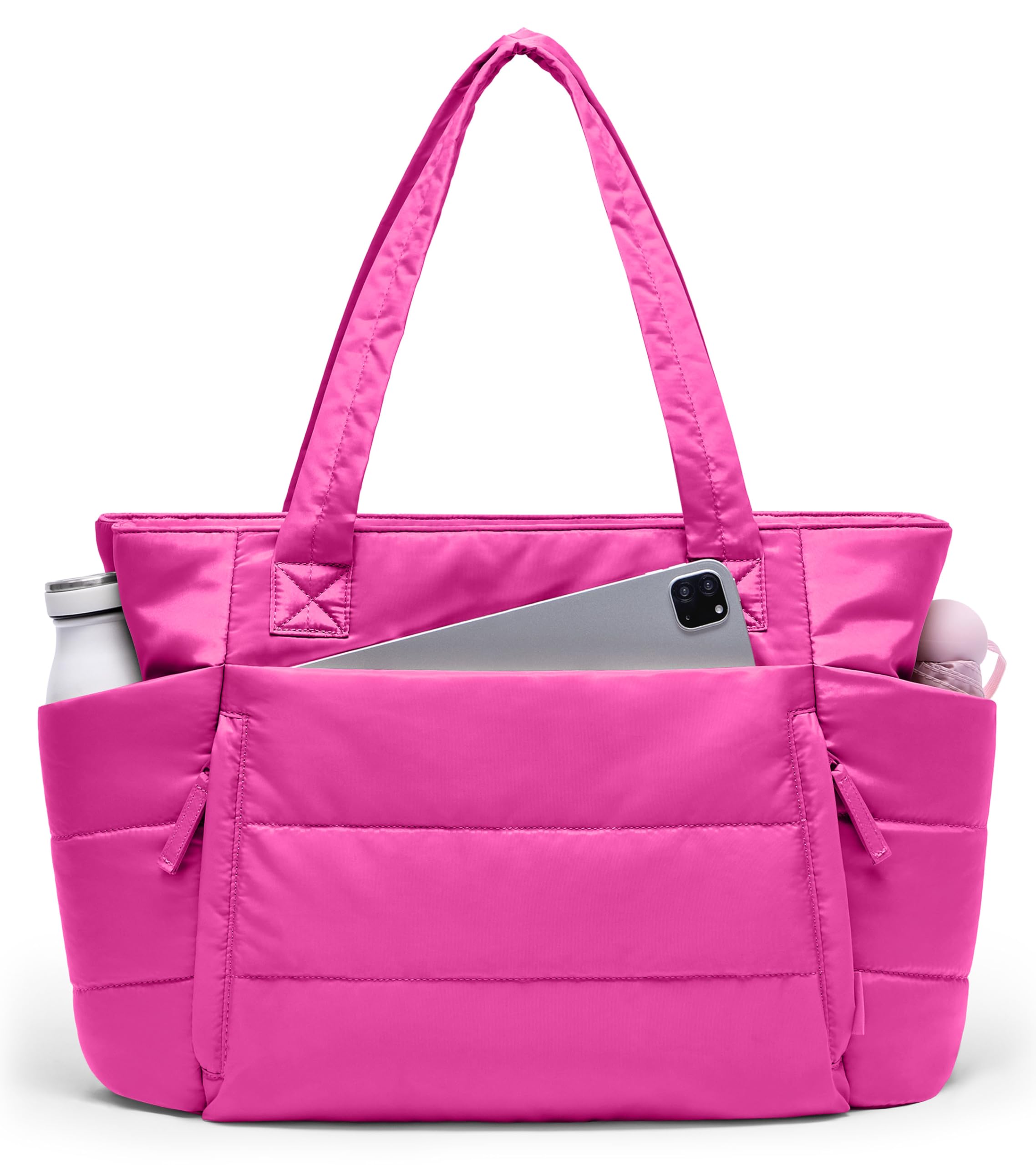 View 1 of ***VERY USED// DIRTY*** Tote Bag for Women with Zipper, Quilted Puffer Tote Bag with Compartments, Lightweight Puffy Work Bags for Women Travel (Raspberry Pink