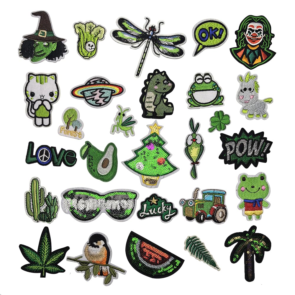 Libiline 30pcs Random Assorted Styles Embroidered Patch Sew On/Iron On Patch Applique Clothes Dress Plant Hat Jeans Sewing Flowers Applique DIY Accessory (Green, Mix)