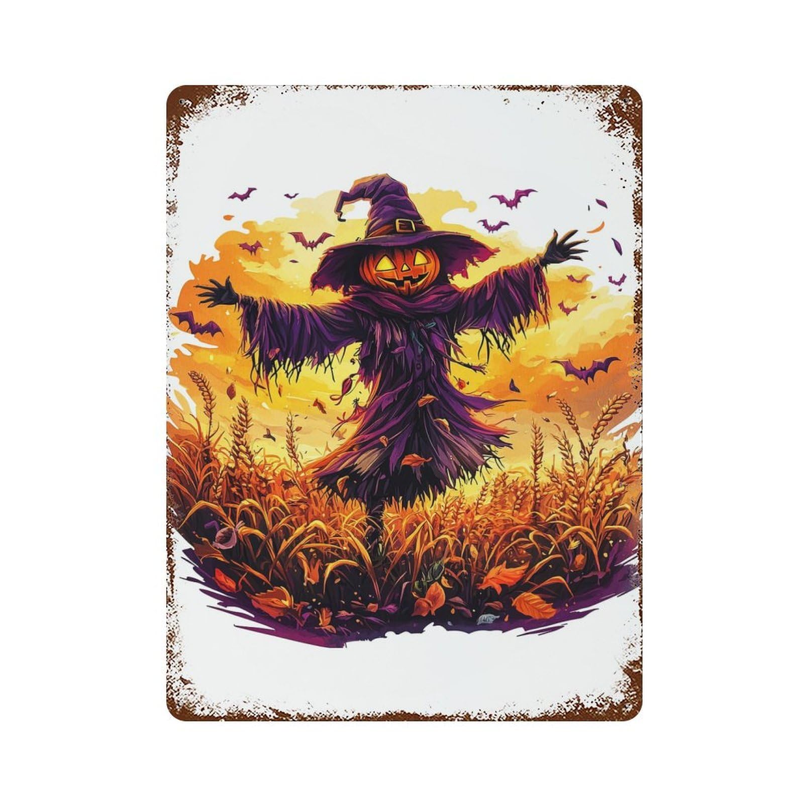 Decorative Tin Sign Halloween Scarecrow with Pumpkin Head 15.7"x11.8", Vintage Wall Decor for Pub, Kitchen And Man Cave Decor
