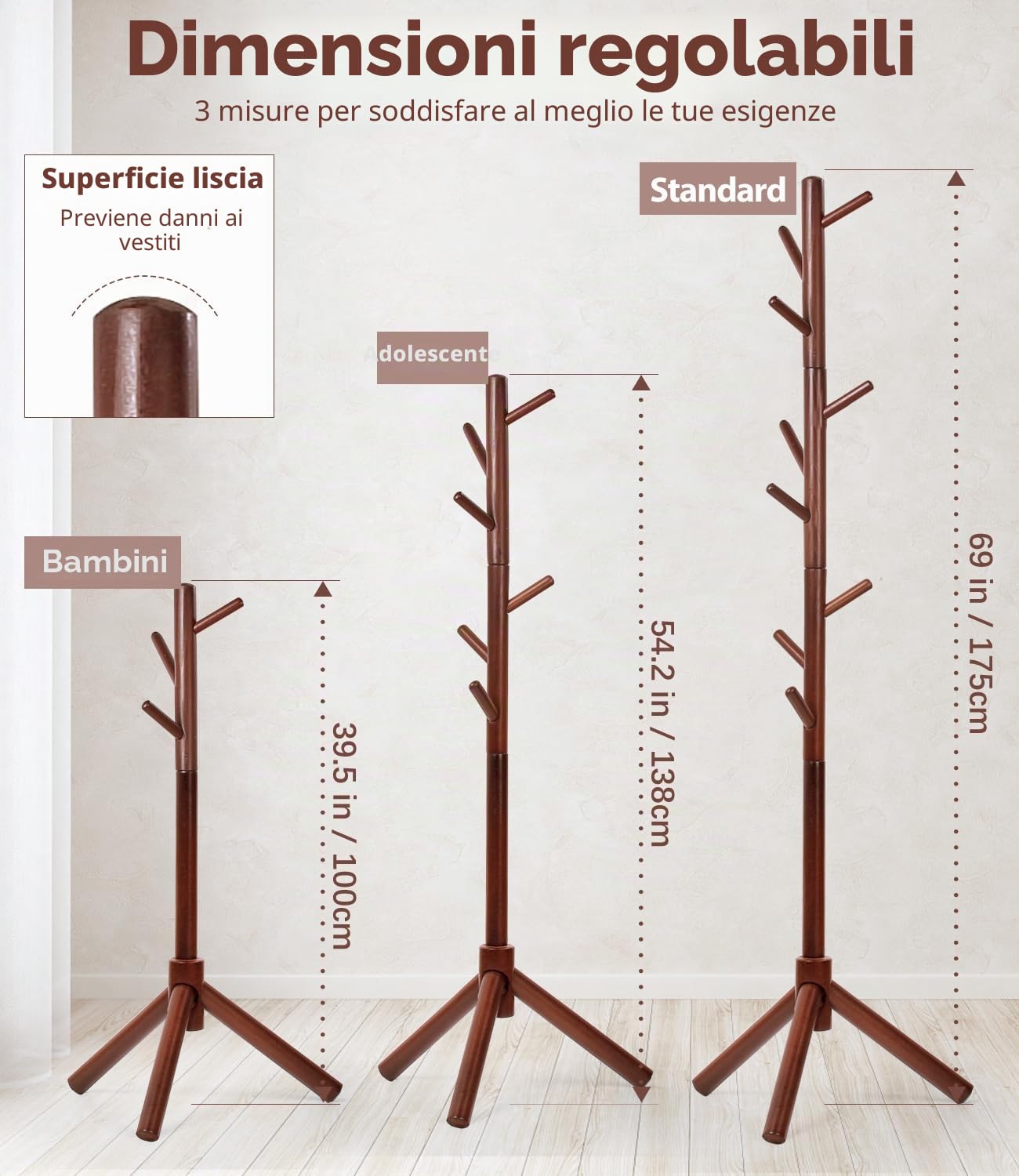 Appendiabiti in legno di faggio, supporto per giacche, appendiabiti, a forma di albero con 9 ganci, 3 regolazioni di altezza, supporto per vestiti, cappelli, sciarpe, borse (marrone)