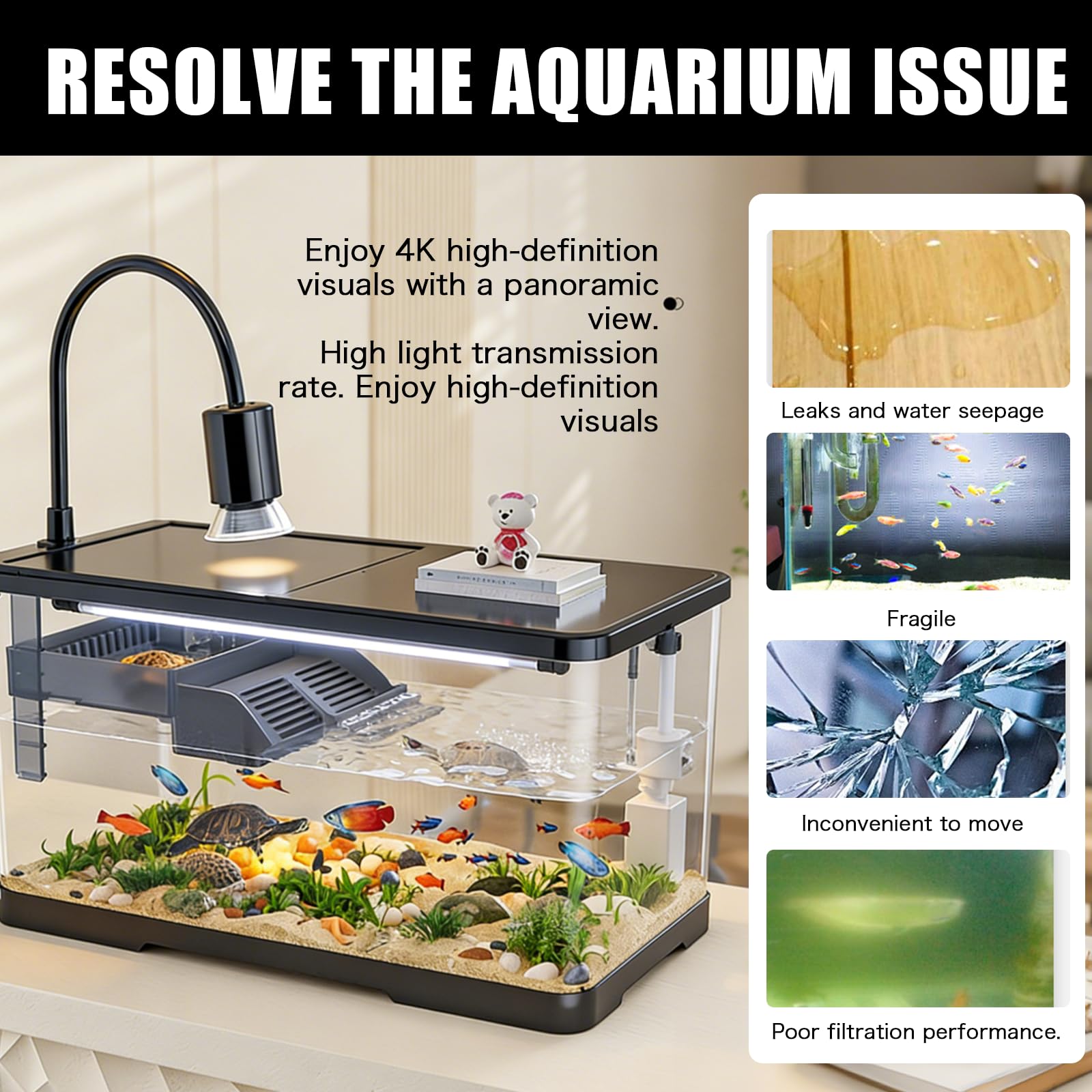 Terrarium Tortue avec Plateforme de Repos et Lampe, Aquarium Tortue Deau avec Plateforme de Repos Suspendue, Petit Terrariums pour Tortues avec Couvercle, Turtle Tank pour Reptiles Amphibiens