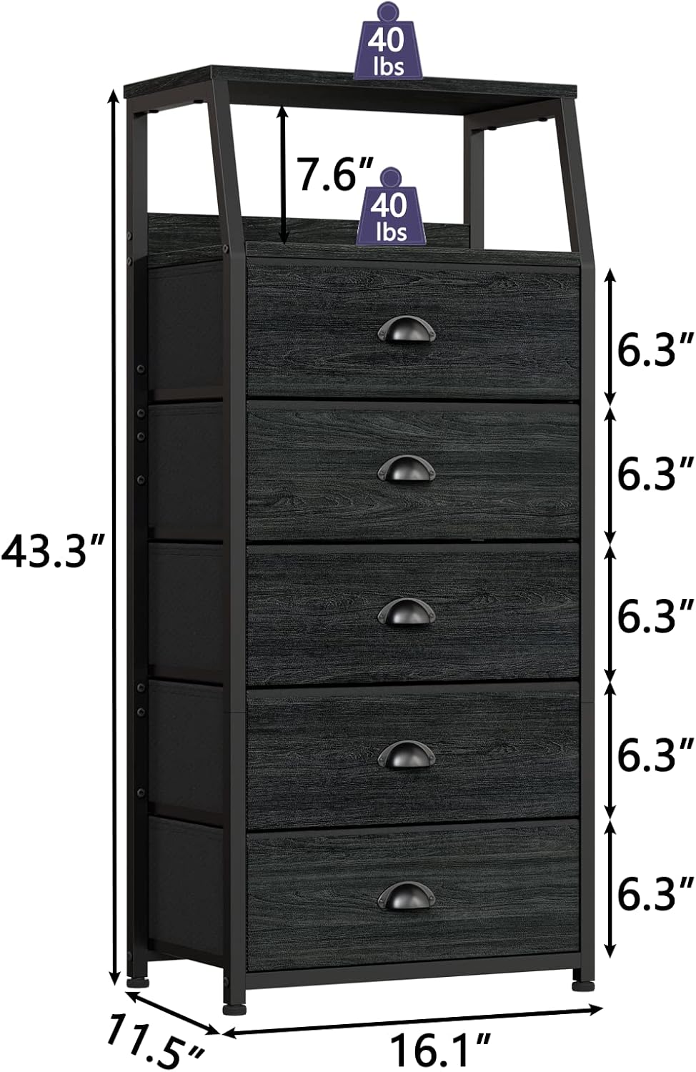 Furnulem Black Dresser with 5 Drawers, Vertical Storage Tower Fabric Dresser for Bedroom, Hallway, Entryway, Nursery, Closet Organizer, Nightstand Bedside Table Furniture, Sturdy Steel Frame, Wood Top - Image 3