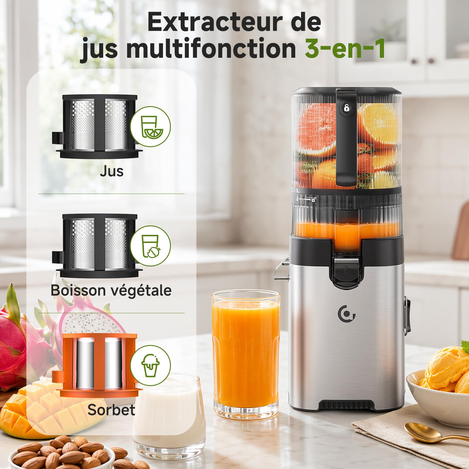 AMZCHEF Extracteur de jus à froid pour fruits et légumes, goulotte 158 mm pour fruits entiers, trémie 2,5 L, 2 filtres amovibles, nettoyage facile, moteur 300 W à faible bruit, usage familial