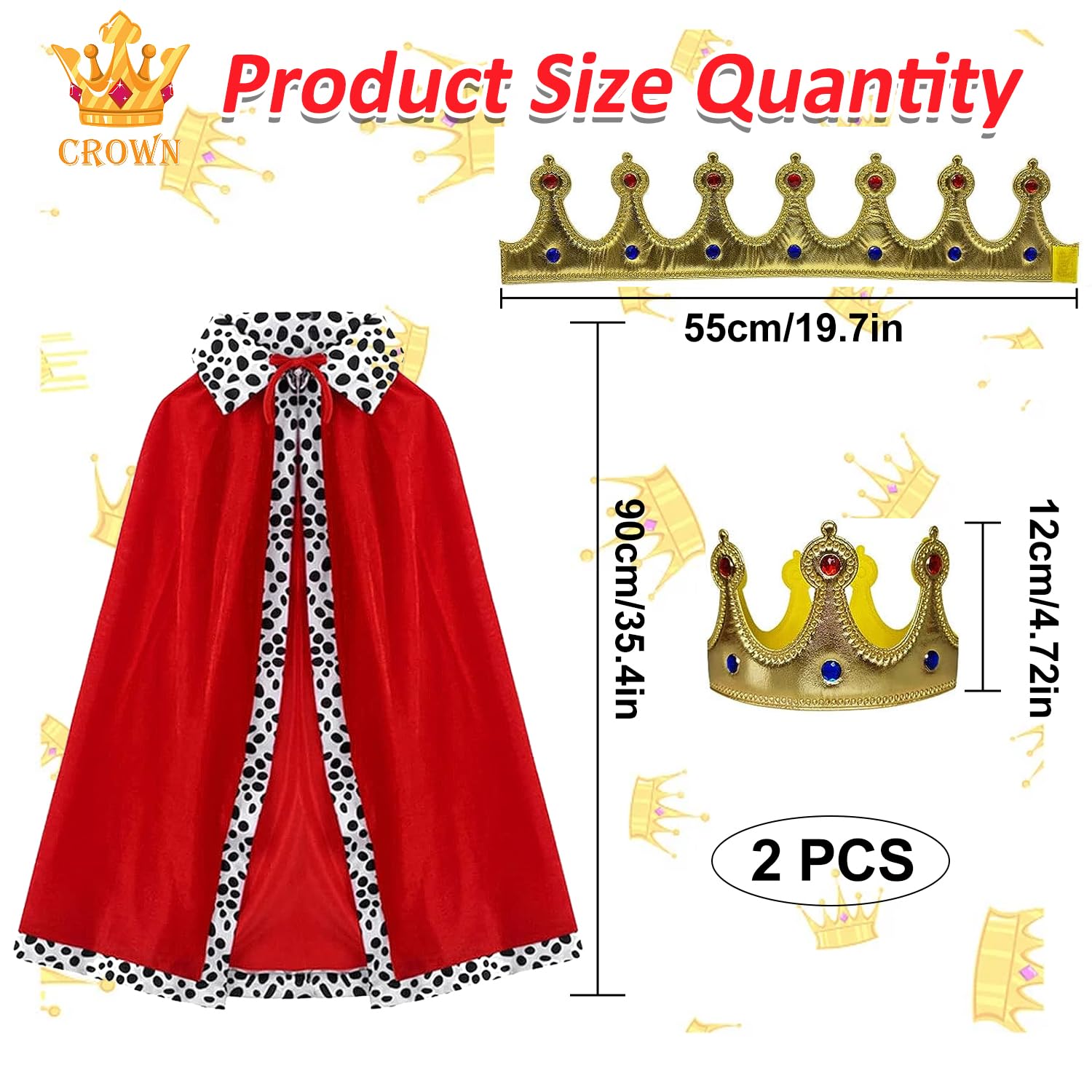 King Costume Kids, Prince Cloak and Prince Crown 2 Pcs Set, King Queen Cape Prince Princess Cloak, Costume Nativity Costume For Halloween, Christmas, Carnival, Role Play, Stage Performance, 90Cm - Image 2
