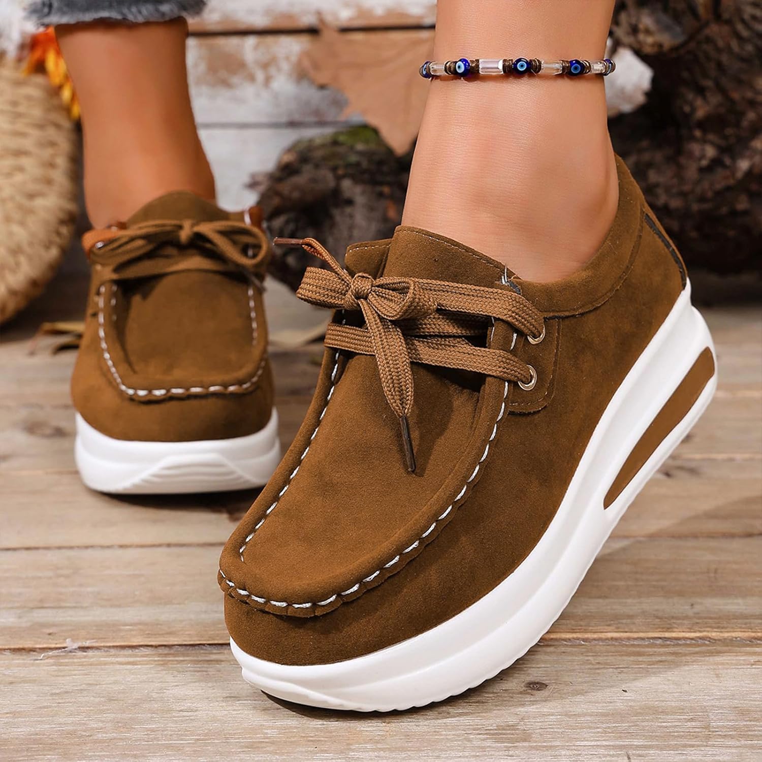 Women's Orthopedic Platform Loafers, Suede Lace-Up Moccasins Ladies Slip-On Platform Loafers Comfortable Walking Trainers