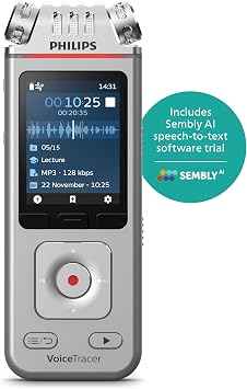 Philips VoiceTracer DVT4115 Digital Voice Recorder, Audio Recorder with Sembly AI Speech-to-Text Trial for Meetings, Lectures & Interviews