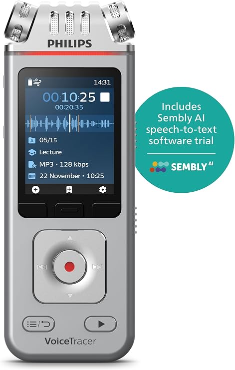 Philips VoiceTracer DVT4115 Digital Voice Recorder, Audio Recorder with Sembly AI Speech-to-Text Trial for Meetings, Lectures & Interviews