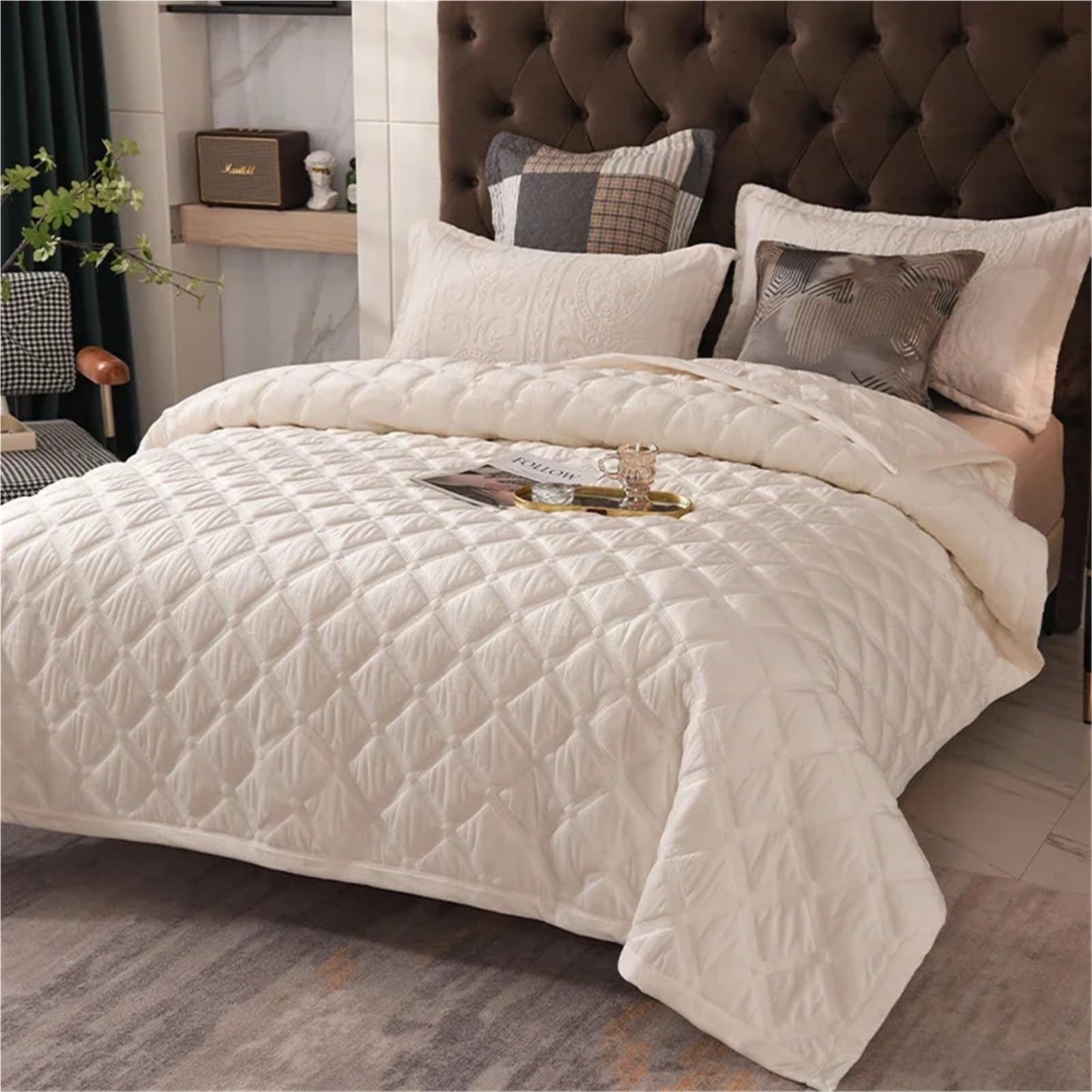 Colchas Acolchadas Colcha gruesa de invierno for cama, manta a cuadros, funda for colchón, colcha, colchas de lino for cama doble Ligera Colcha Cubrecama De Microfibra(DARK GRAY,3pcs 240x260cm)
