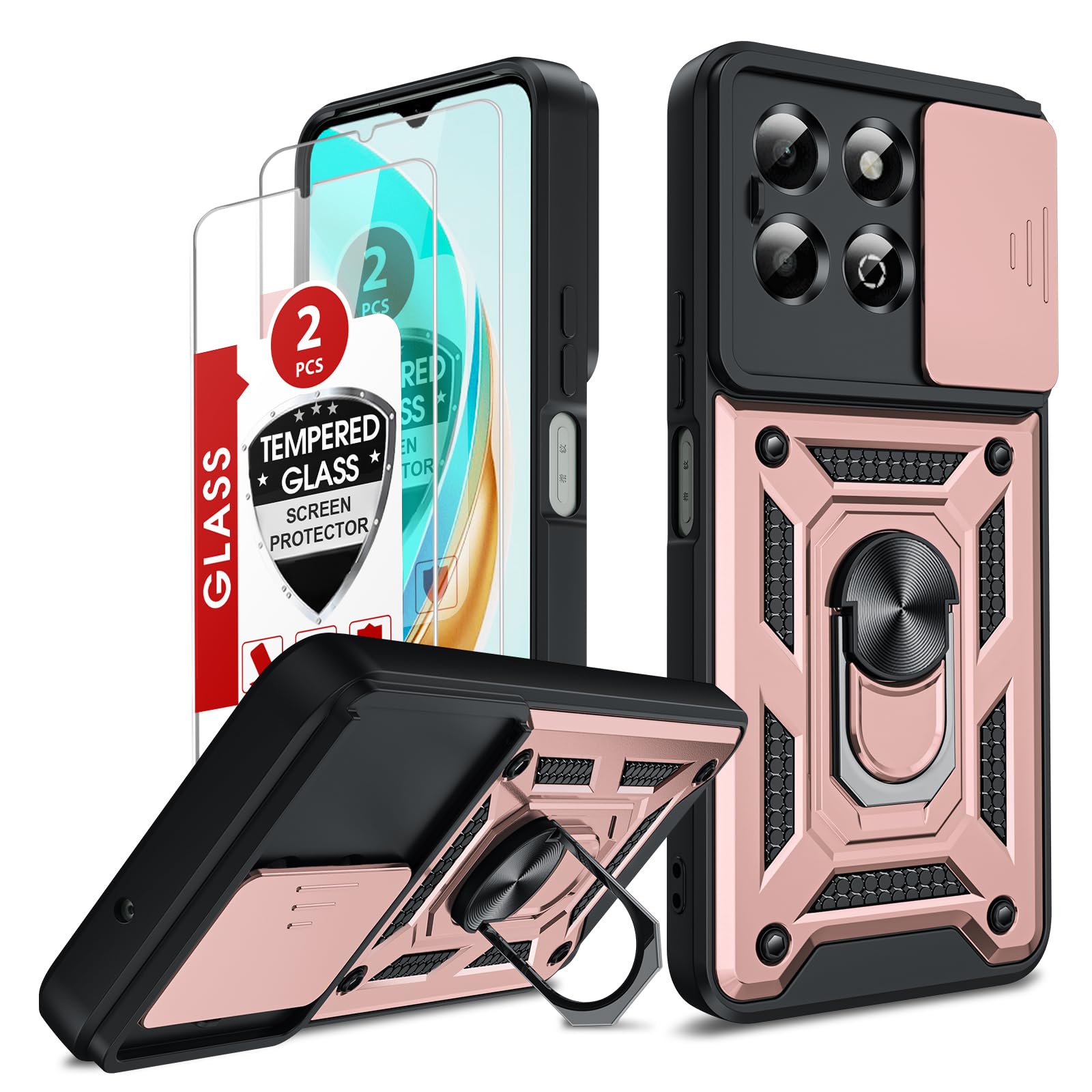 LeYi for Honor X6b Phone Case, 2 Pack Screen Protectors, Ring Stand Holder, Military Shockproof Rugged Mobile Phone Cover with Camera Lens Slide Design for Honour X6b 4G, Rose Gold