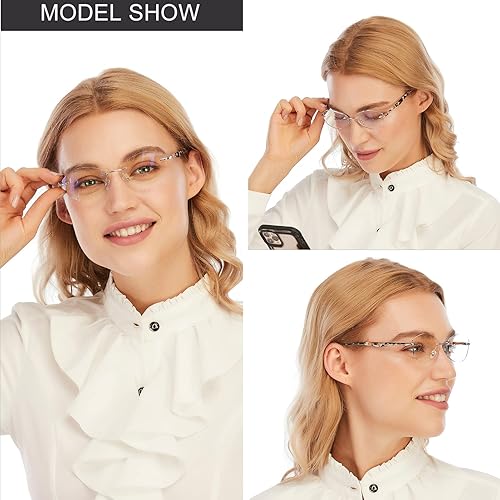 Miniatura 4 de AQWANO Anteojos de lectura sin montura para mujer, diseño de moda, bloqueo de luz azul, UV400, protegen a lectores clásicos y elegantes sin marco,